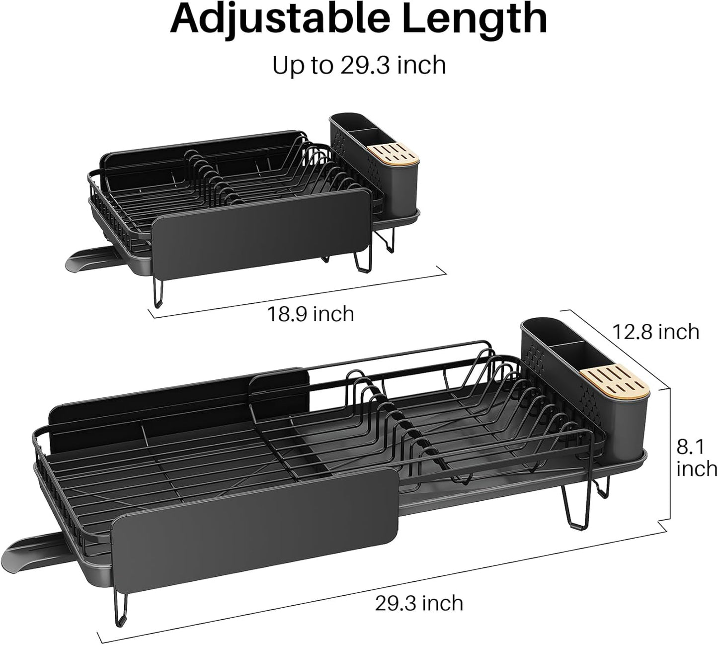 Dish Drying Rack - Large Dish Racks for Kitchen Counter, Expandable Dish Drainers with Cutlery Holder Stainless Steel Rustproof, Black