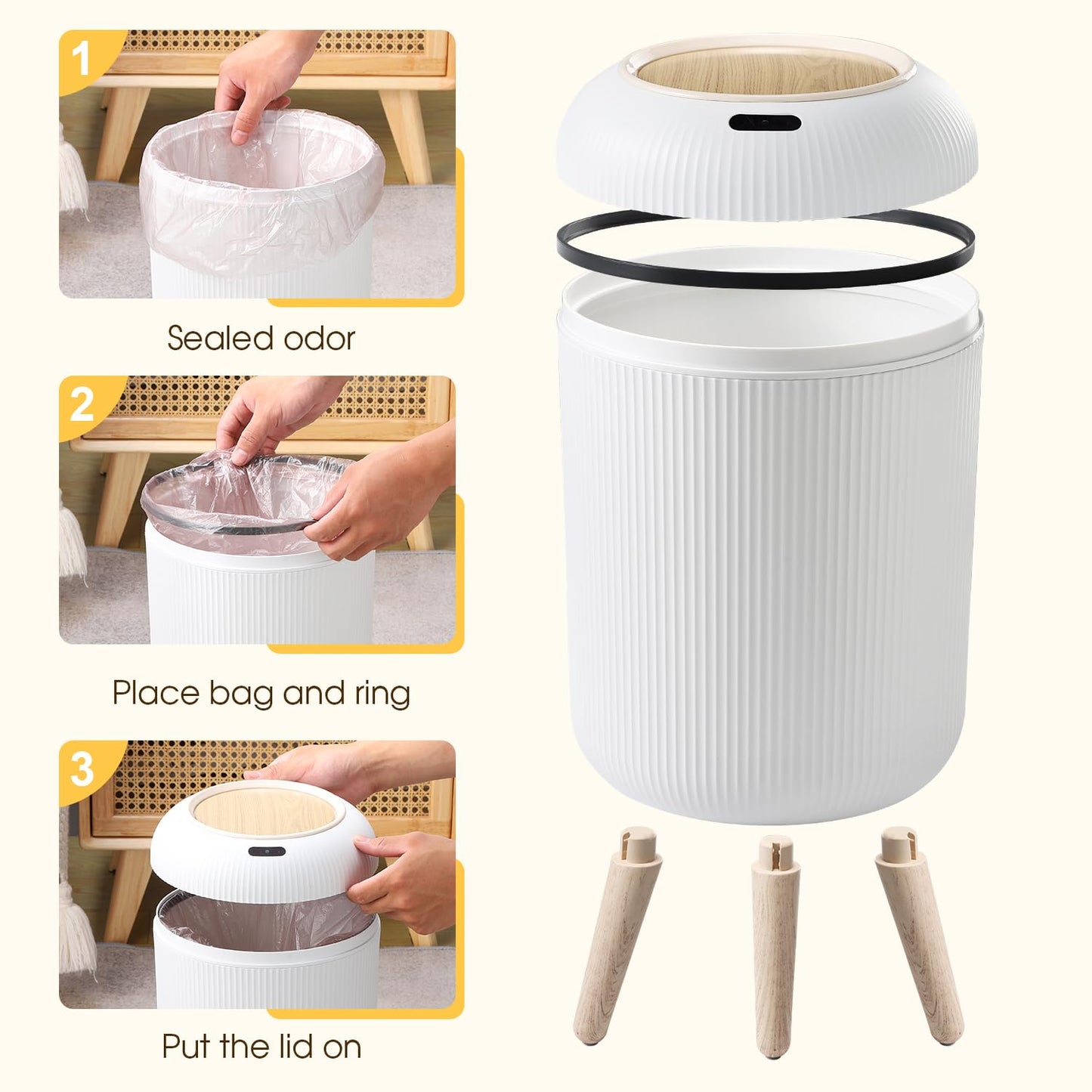 Automatic Motion Sensor Bathroom Trash Can with Lid, 3 Gallon / 11L Touchless Trash Garbage Bin with Removable Legs for Kitchen, Bedroom, Office, Small Trash Cans Trashcan Wastebasket-White