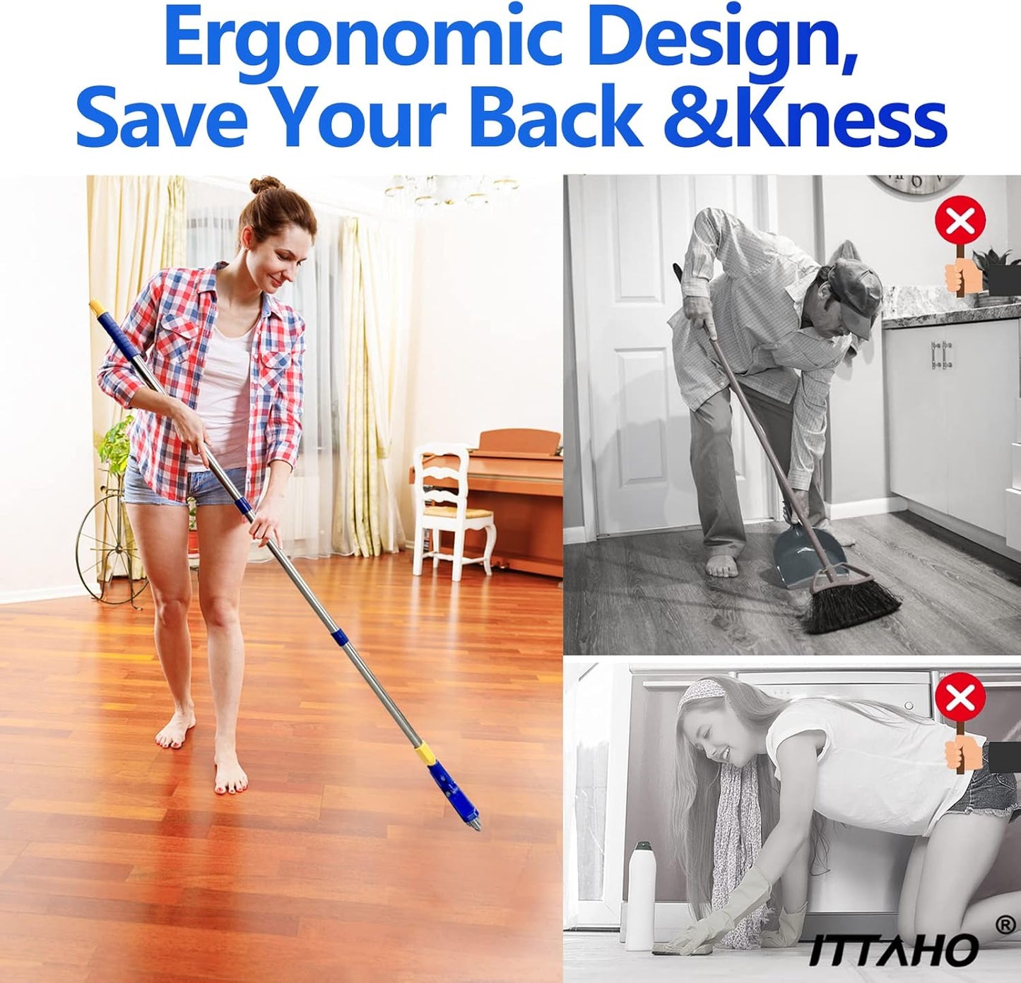 ITTAHO 2 Pack Grout Brush with Long Handle, 56.5'' Swivel Grout Cleaning Brush,V-Shape Grout Scrub Brush, Extendable Handle Grout Cleaner Brush for Tile Floors，Bathroom,Baseboard,Shower,Corner