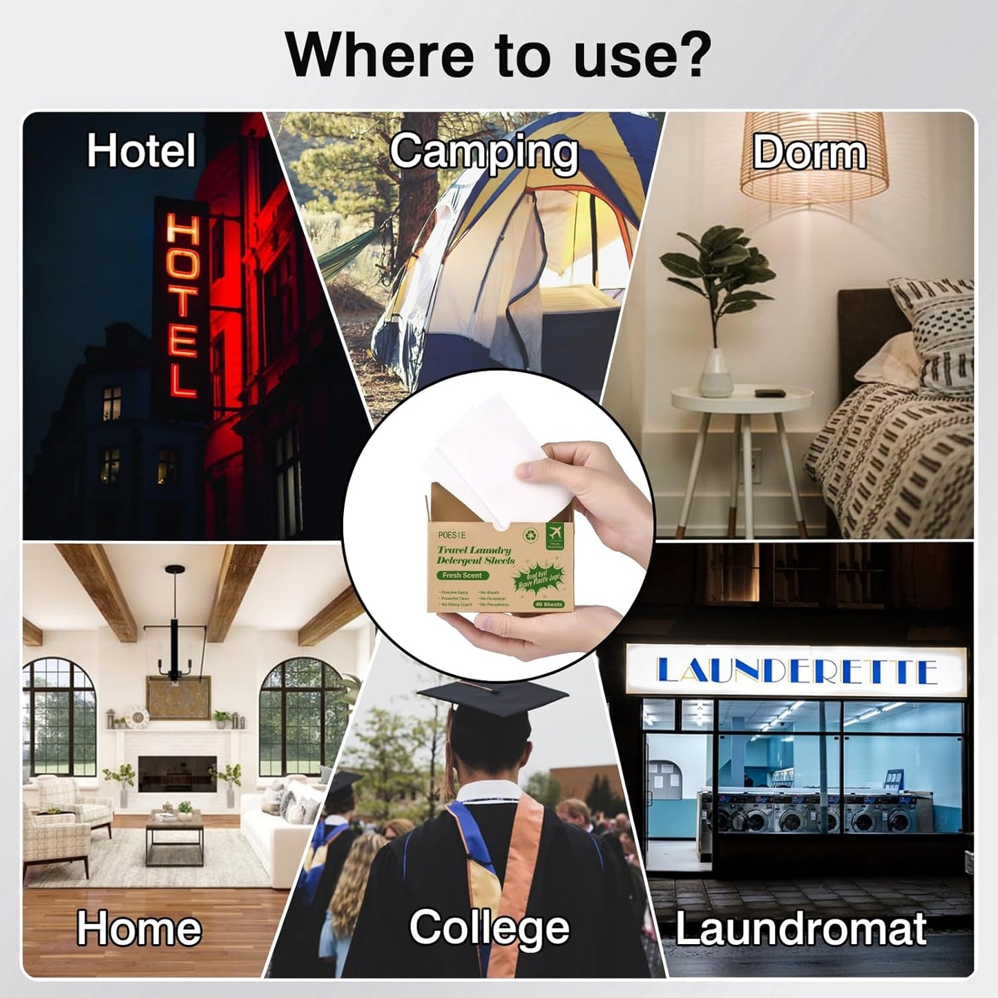 Poesie Laundry Detergent Sheets Washer Sheets for Travel Laundry Soap Sheet for Camping Hotel Dorm Home Laundromat College Fresh Scent 1 Box 40 Count