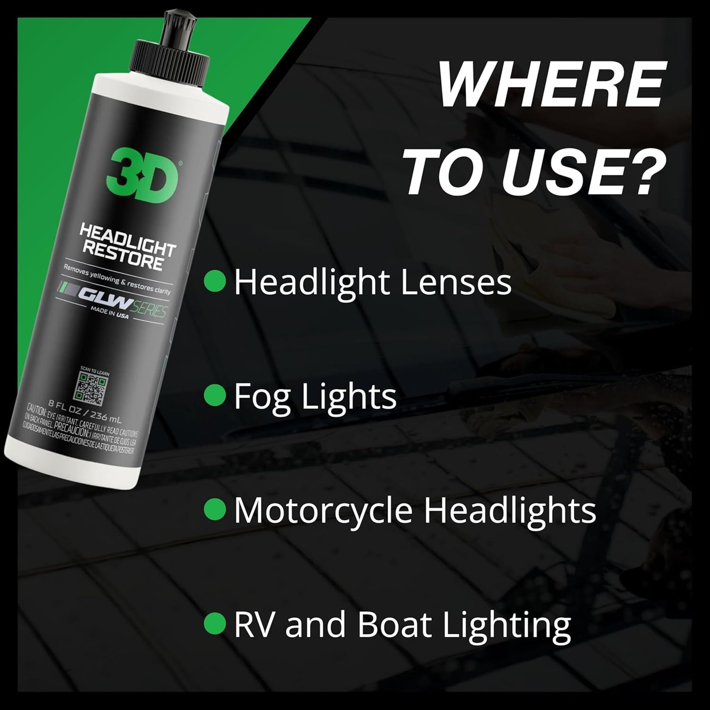 3D GLW Series Headlight Restore ??2-Step Kit Removes Oxidation, Scratches & Yellowing | UV Protection for Clear Headlights & Safer Driving | Made in USA - 8 oz