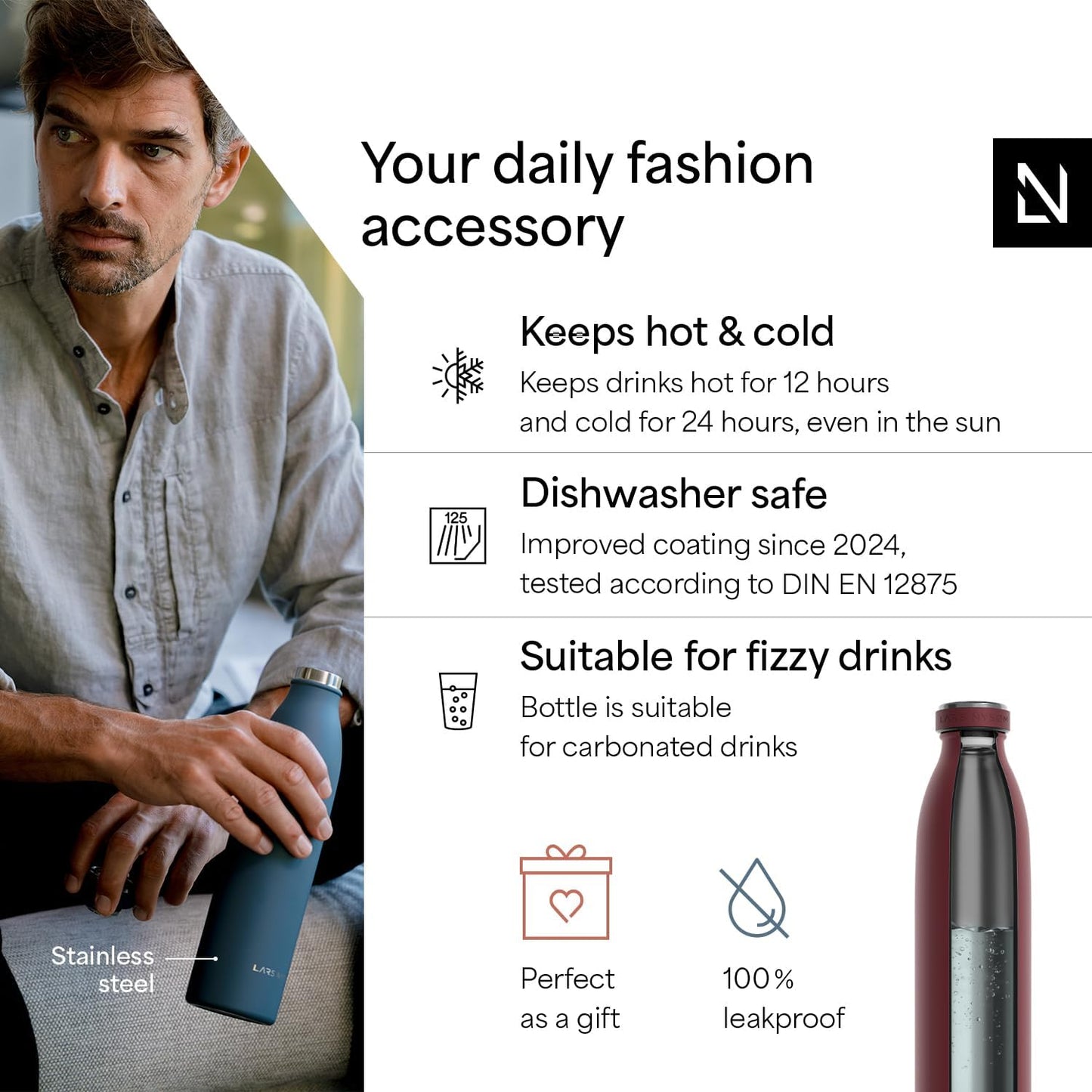 LARS NYSØM Stainless Steel Insulated Water Bottle 12oz 17oz 25oz 34oz 51oz | Insulated Thermo Flask for Hot and Cold Beverages | Leakproof Drinking Bottle (Berry Red, 25.4oz)