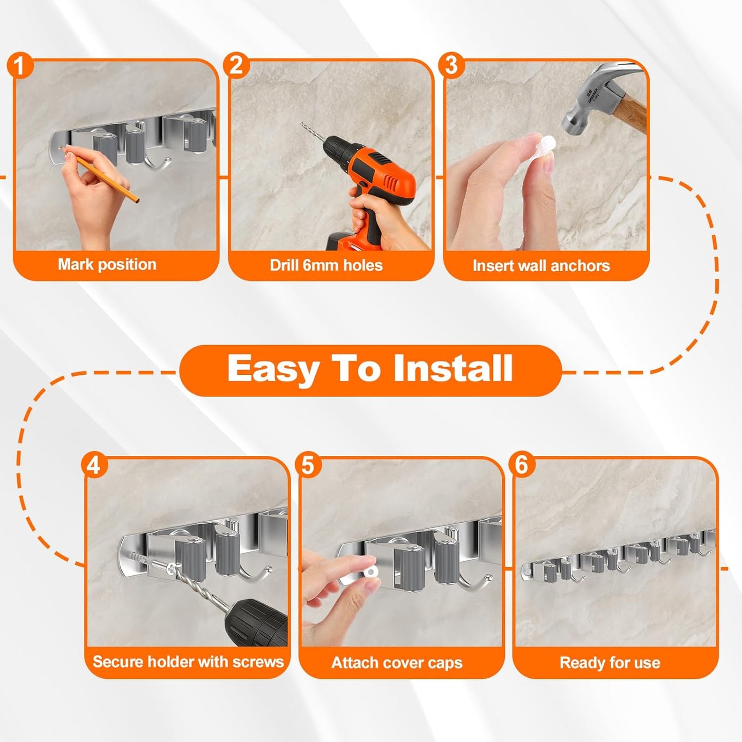 Broom Holder Wall Mount, Mop and Broom Organizer Broom Hanger Storage Tool Utility Racks Stainless Steel Wall Hooks Solid Mop Rack for Home Kitchen Garden Laundry Garage (5 Racks 4 Hooks)