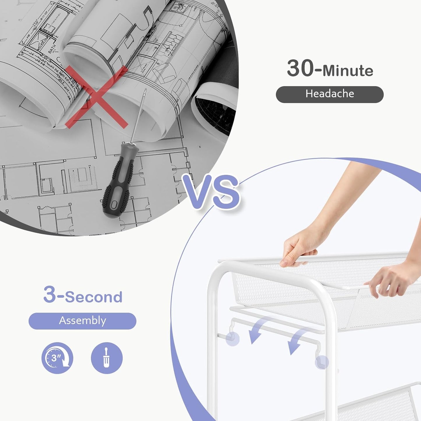 TOOLF 4-Tier Rolling Cart, Metal Utility Cart with 3 Hooks, Easy Assemble Mobile Storage Trolley On Wheels, Metal Shelving Units Kitchen Bathroom Laundry Room