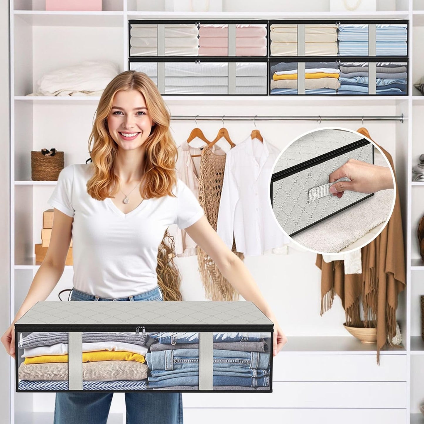 StorageRight Under Bed Storage Bins, 6-Pack 40L Foldable Fabric Storage Bags with Transparent Window, Breathable Organizer for Clothes/Blanket/Comforter/Quilt, White