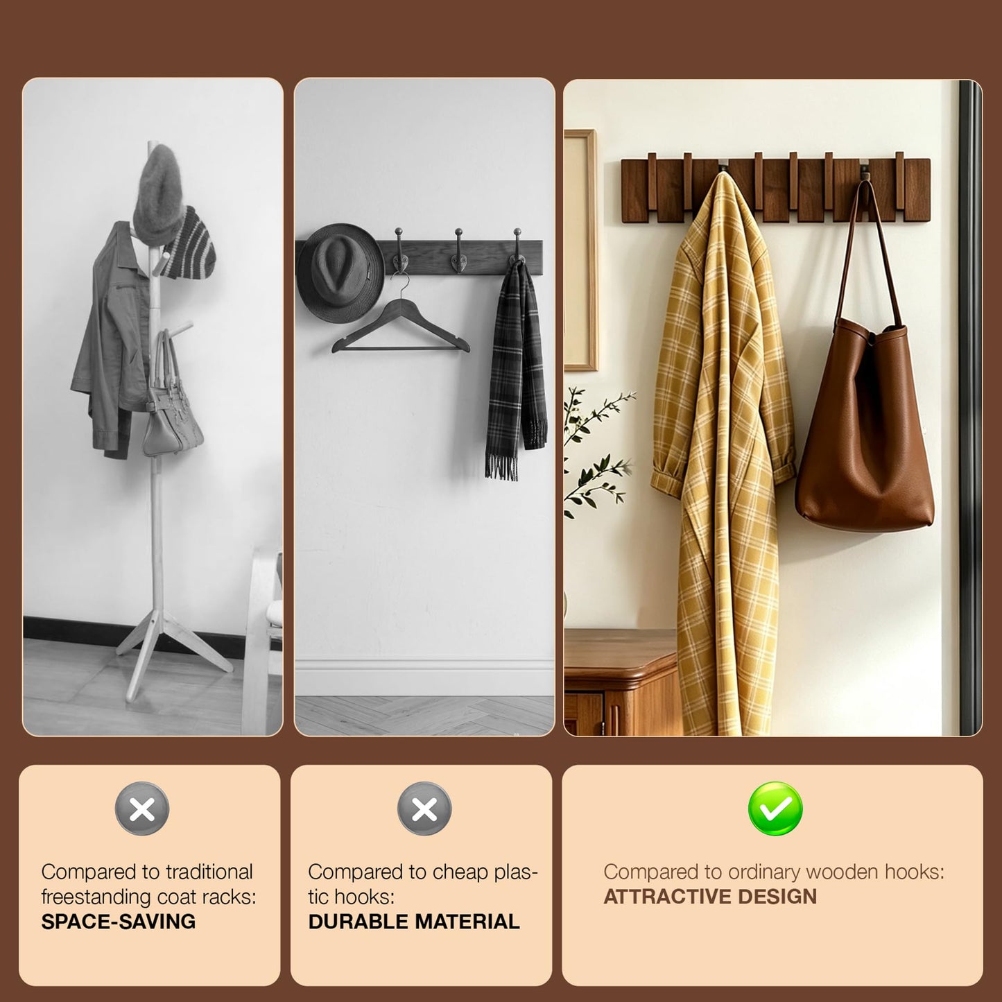 QUELLANCE Wood Coat Rack Wall Mount, Coat Hooks Hanger Wall Mounted, Heavy Duty Wall Coat Rack with