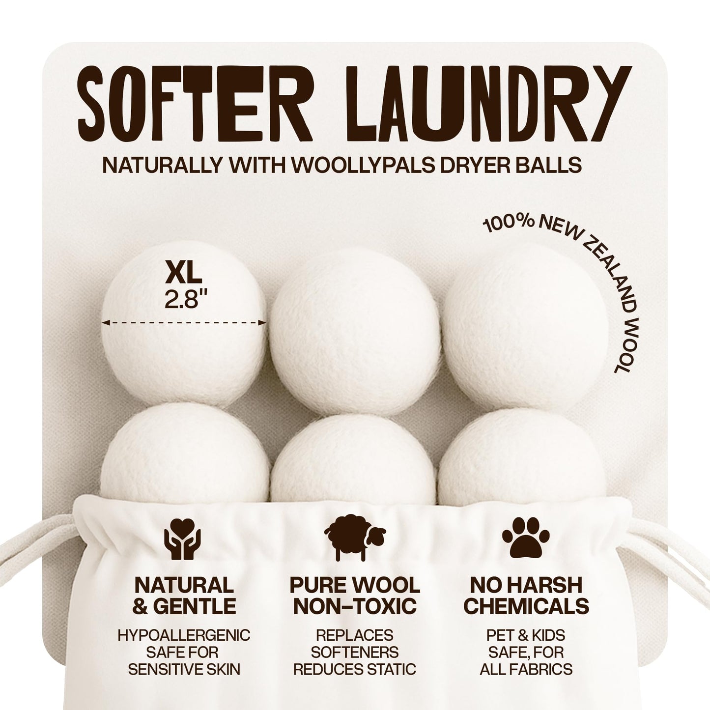 WoollyPals Dryer Balls (6-Pack, XL Size) - 100% New Zealand Wool - No More Dryer Sheets - Eco Dryer
