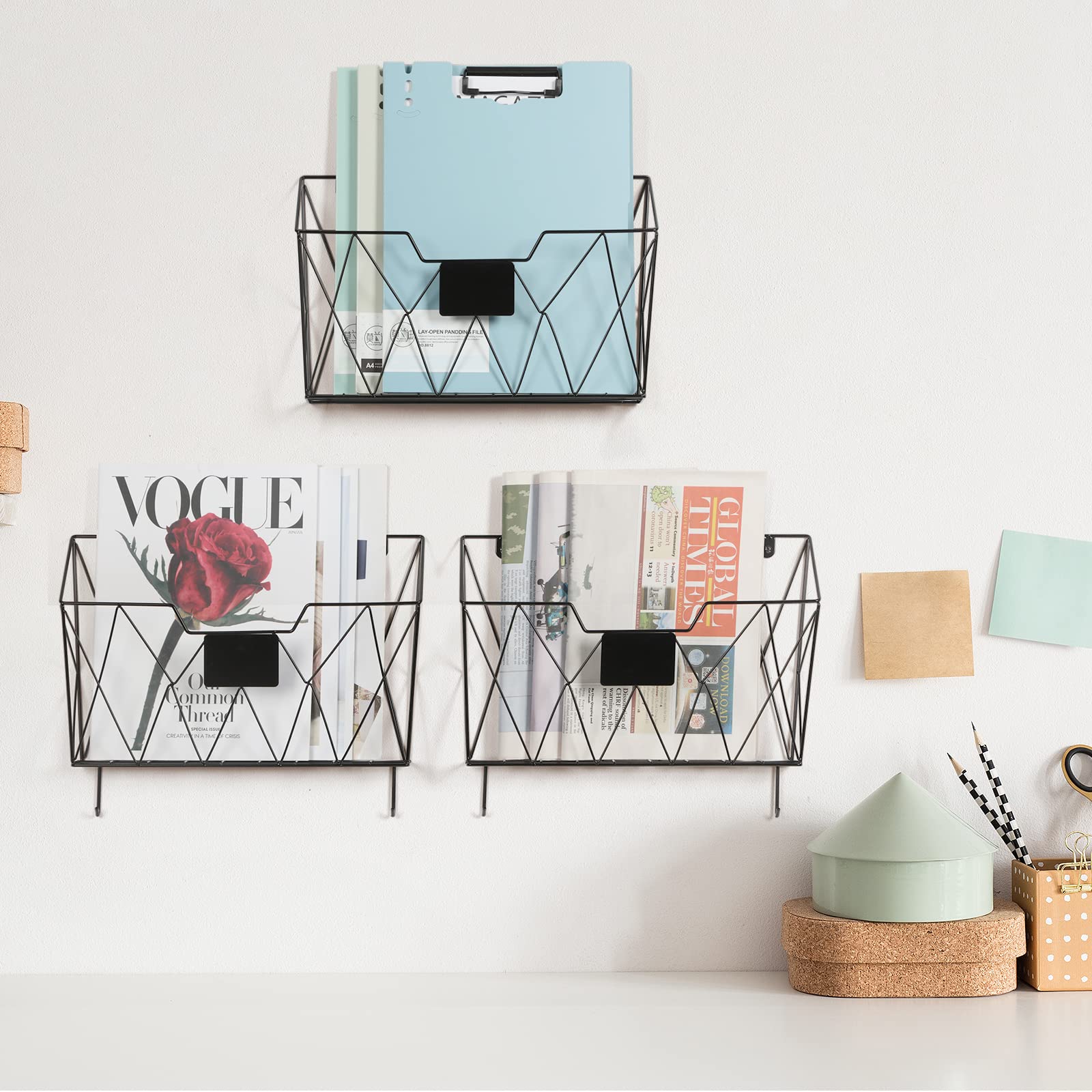 Wall File Organizer, 3 Pack Metal Wall Basket File Holder for Home Office
