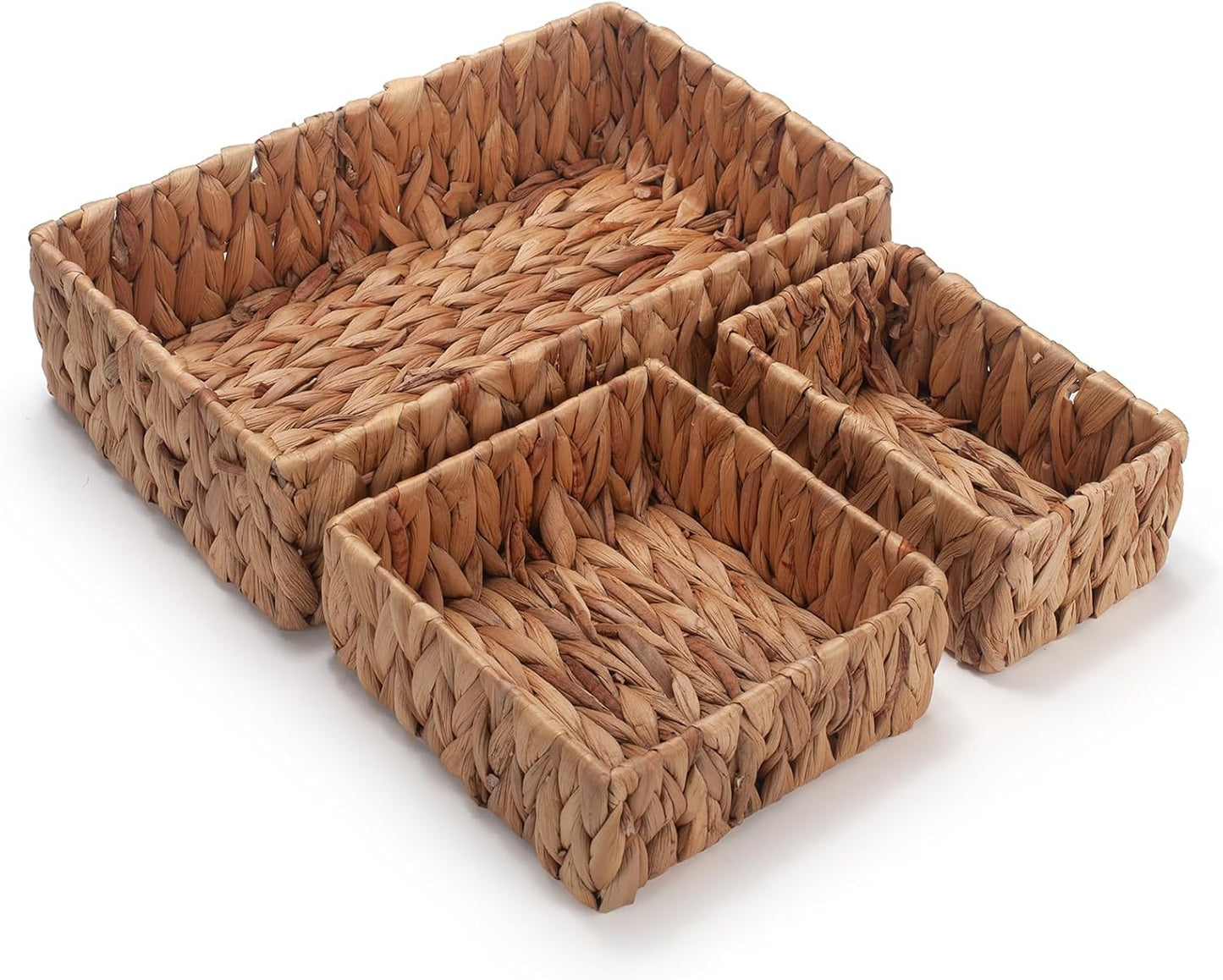 Water Hyacinth Rectangular Storage Basket for Organizing Natural Wicker Baskets for Shelves Pantry Bathroom Set of 3