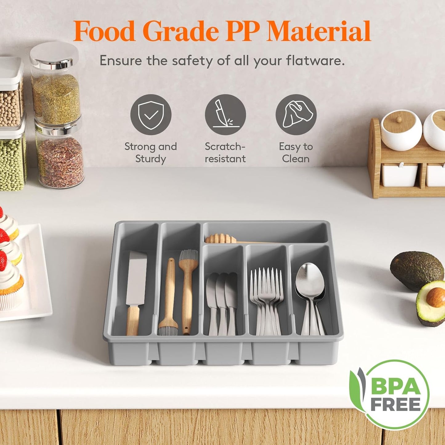 Lifewit Silverware Drawer Organizer Tray, Plastic Cutlery Storage for Kitchen Drawer, Flatware and Utensil Holder Divider for Spoons Forks Knives Tableware, 6 Compartment, Gray