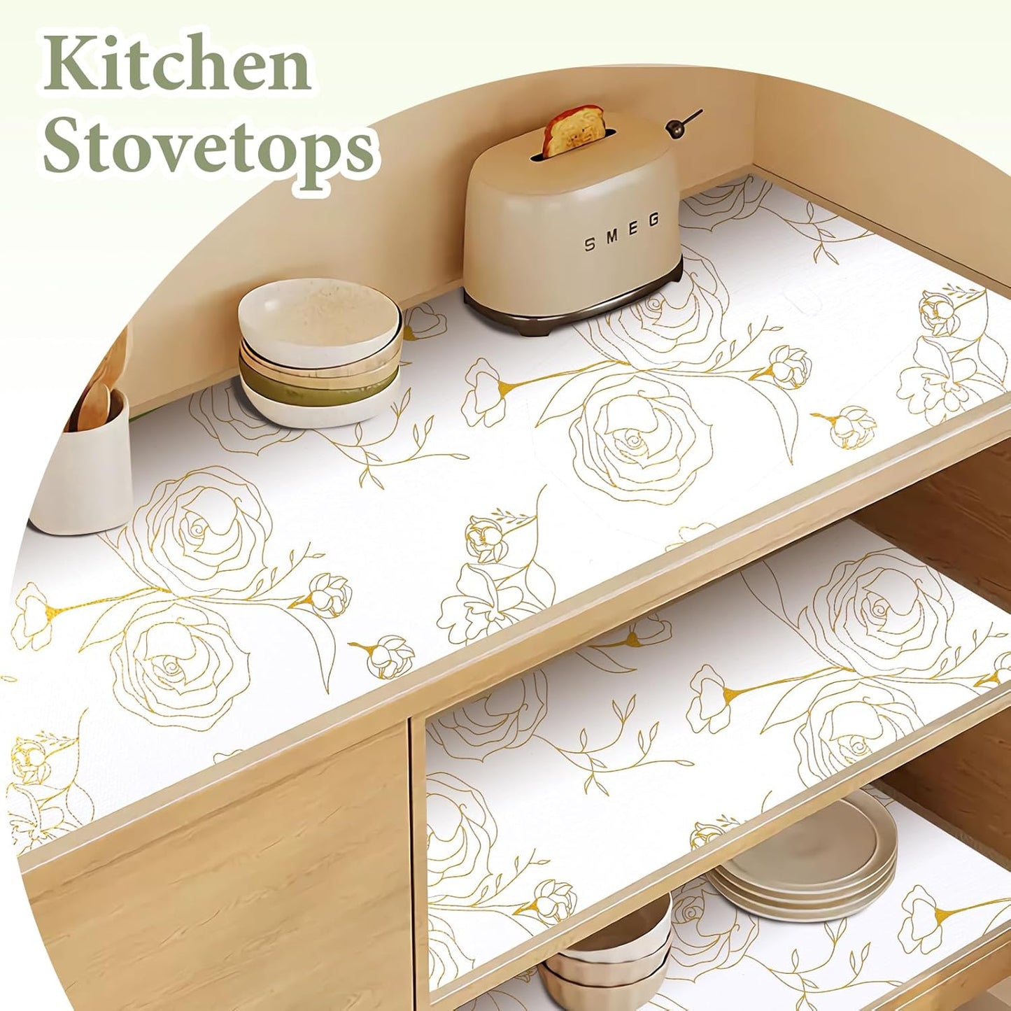 Shelf Liners for Kitchen Cabinets 17.5in x 20FT Non Adhesive Drawer Liner Gold Floral Thickened Shelf Liner Paper Strong Non-Slip Easy to Clean for Tool Box Refrigerator with Knife and Tape Measure