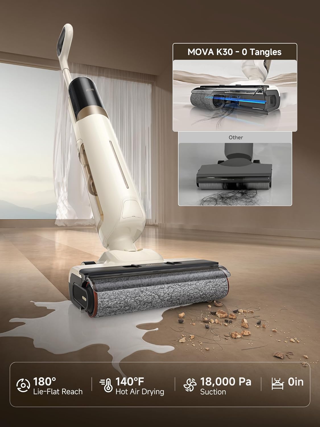 Mova K30 Wet Dry Vacuum Cleaner, 180° Lie-Flat Reach Smart Vacuum Mop, 140°F Hot Air Drying, 0in Dual-Edge Cleaning, Powerful 18000Pa Suction Floor Cleaner for Hard Floors Pet Hair