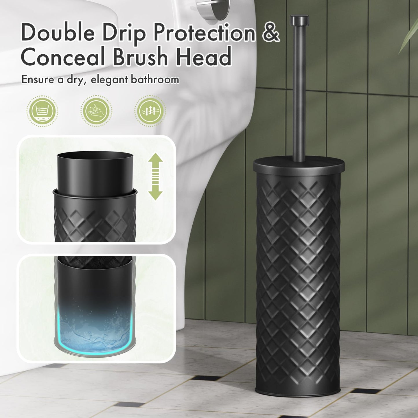 Toilet Bowl Brush and Holder Set 2 Pack with 4 Extra Brush Heads (Black)