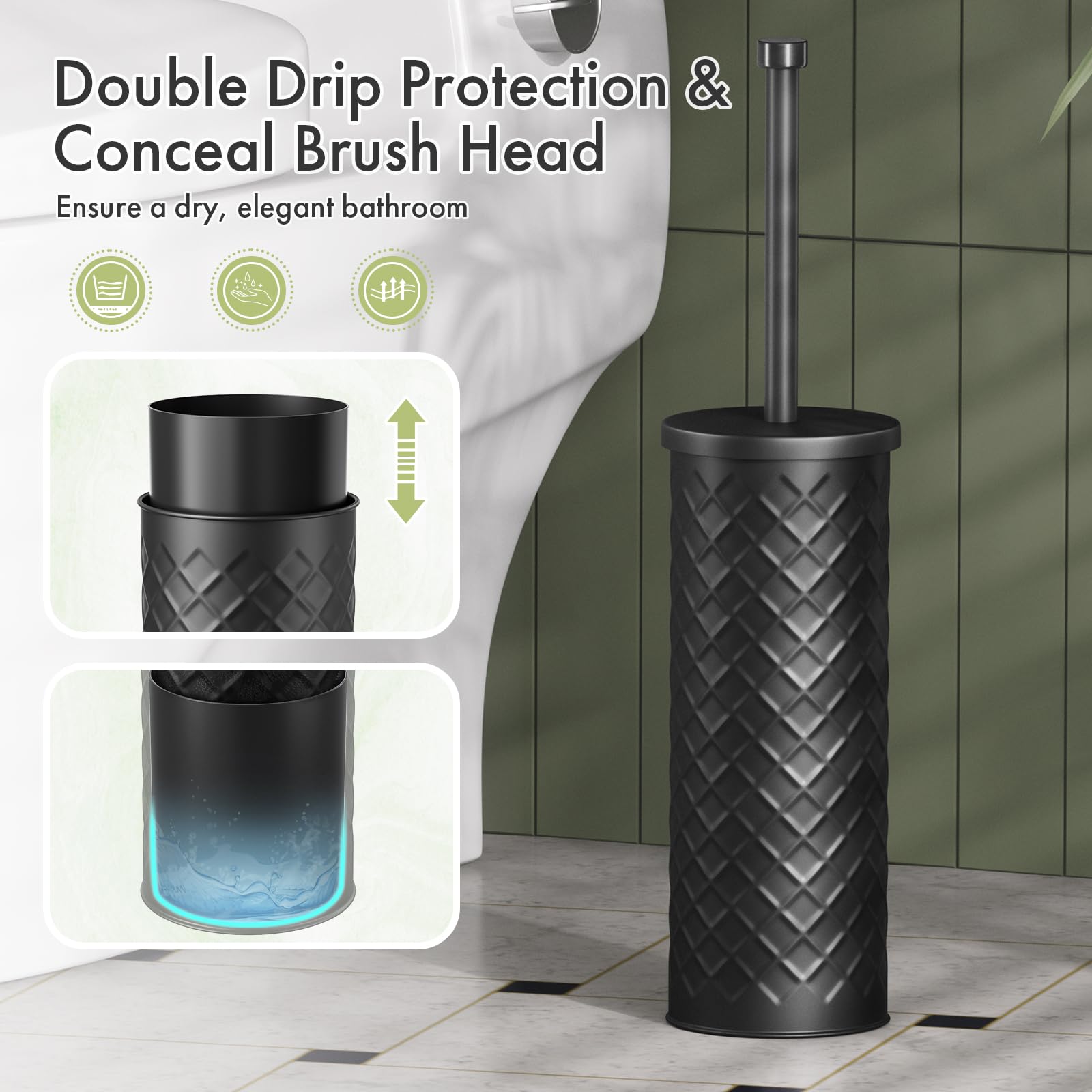 Toilet Bowl Brush and Holder Set 2 Pack with 4 Extra Brush Heads (Black)