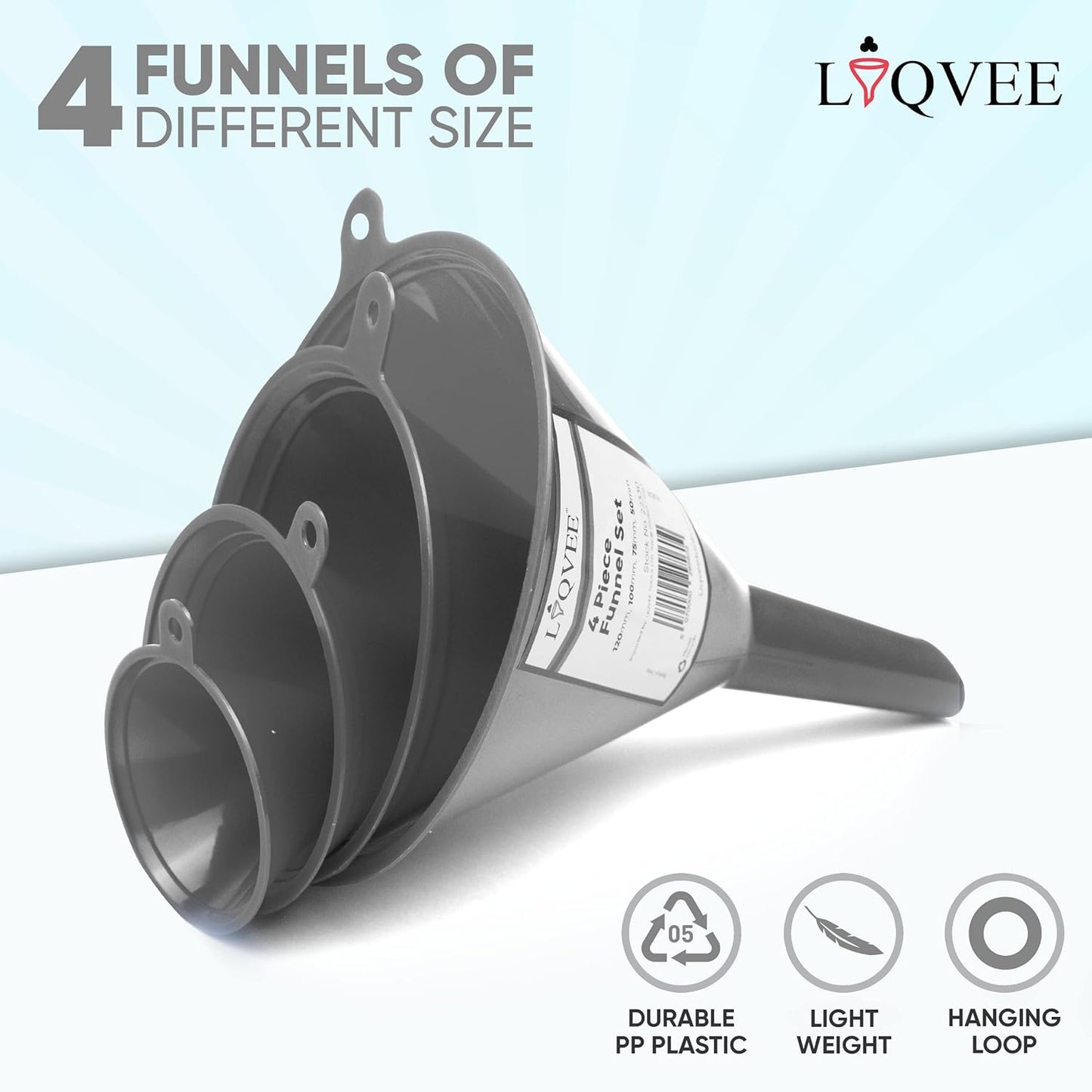 Funnel Gray in 4 Different Sizes (122, 101, 76 & 50mm) Durable & Non-Toxic Food Grade Plastic -Funnels for Filling Bottles or Containers – Ideal for Kitchen, Garage & Labs