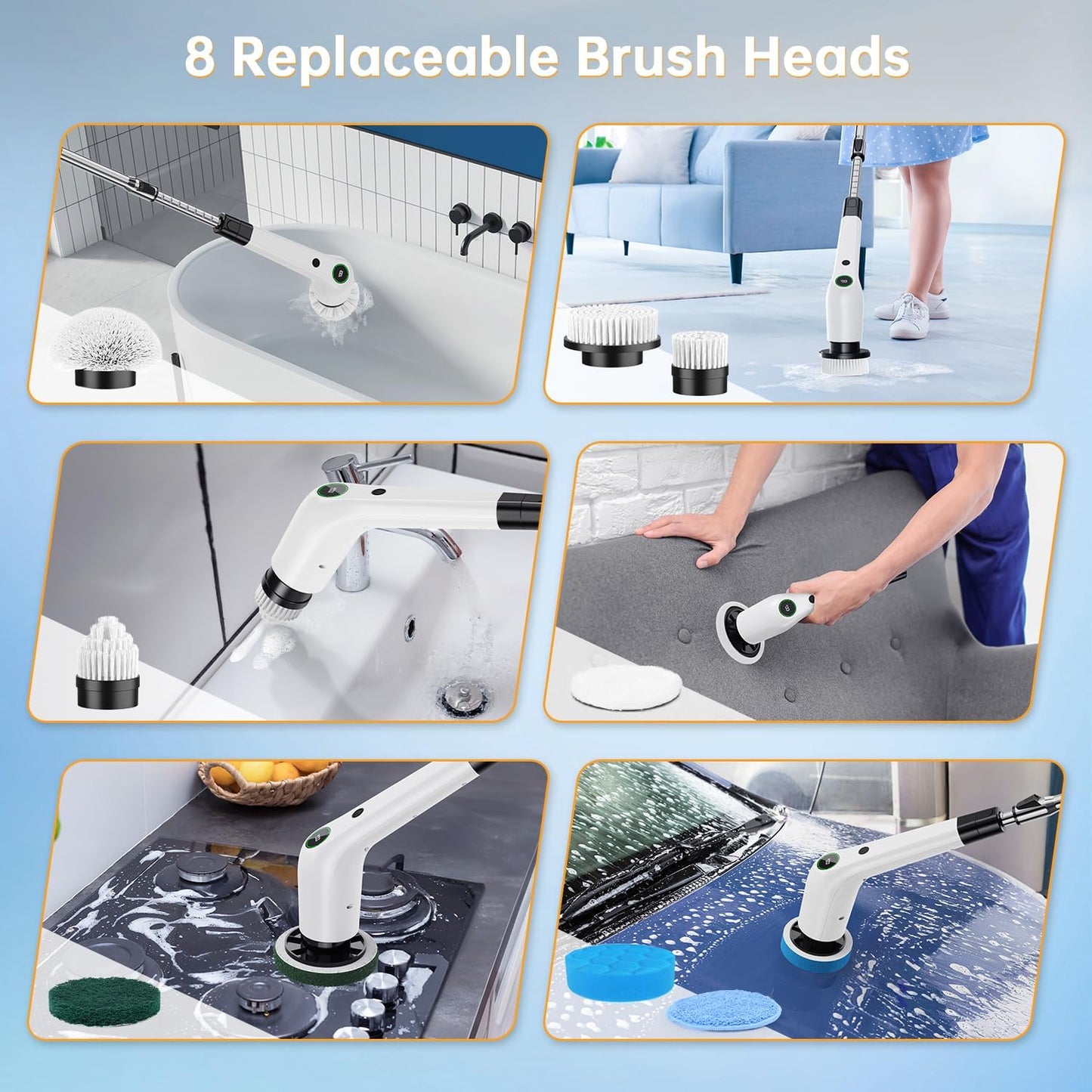 Electric Spin Scrubber, Cordless Shower Scrubber with 8 Scrub Brush, 2 Speed with Adjustable Extension Handle, Battery Level Display, Power Scrubber for Bathroom Bathtub Tile Floor (Black)