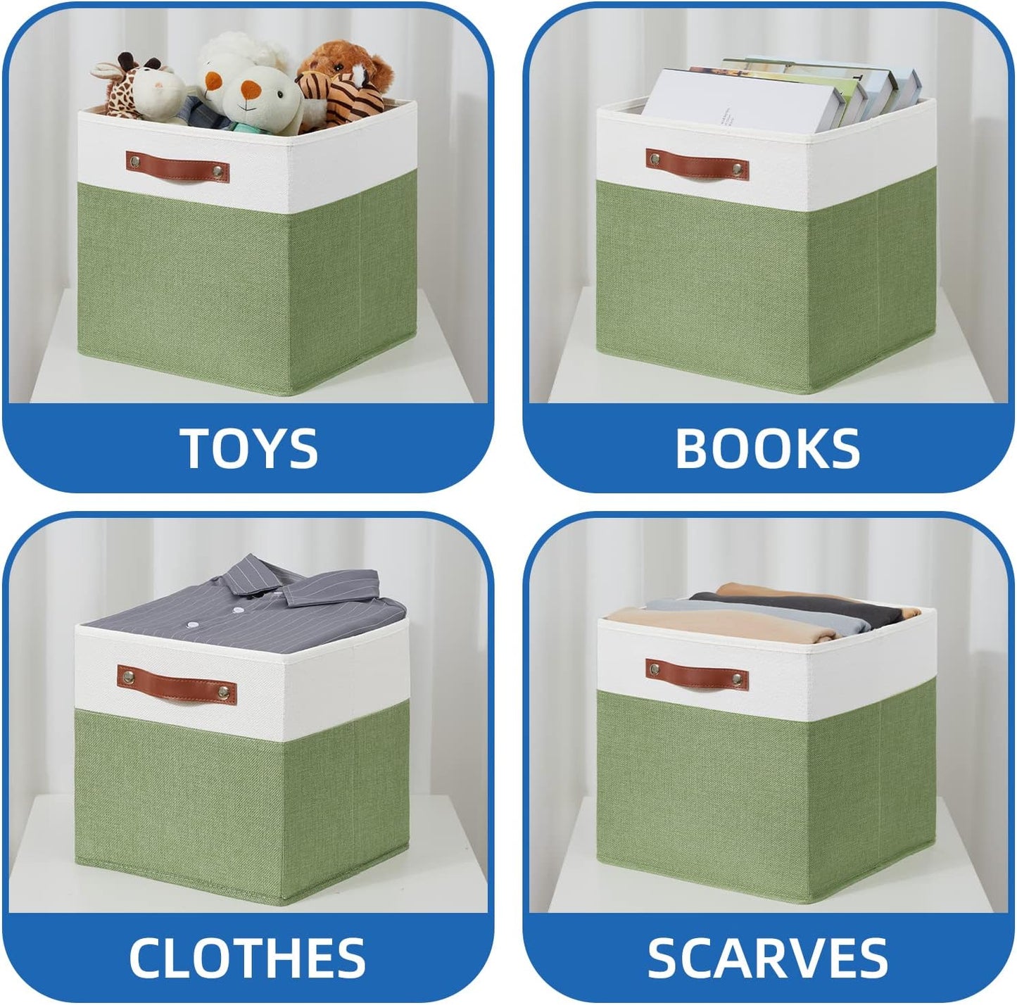 Temary 13 Inch Cube Storage Bin 4 Pack Fabric Storage Cubes Fabric Storage Bin for Shelf, Cube Storage Basket with Leather Handles(White&Green)