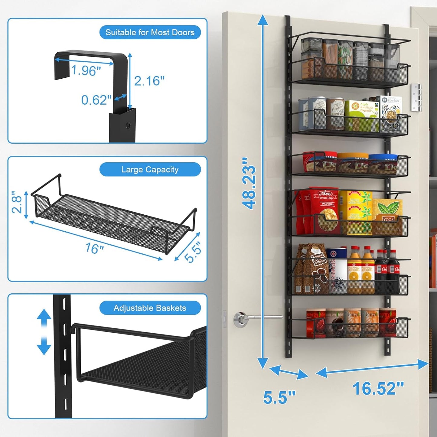 Over the Door Pantry Organizer, 6-Tier Over the Door Organizer with Adjustable Basket, Pantry Door Organization for Pantry Kitchen Storage Room Spice Rack, Black