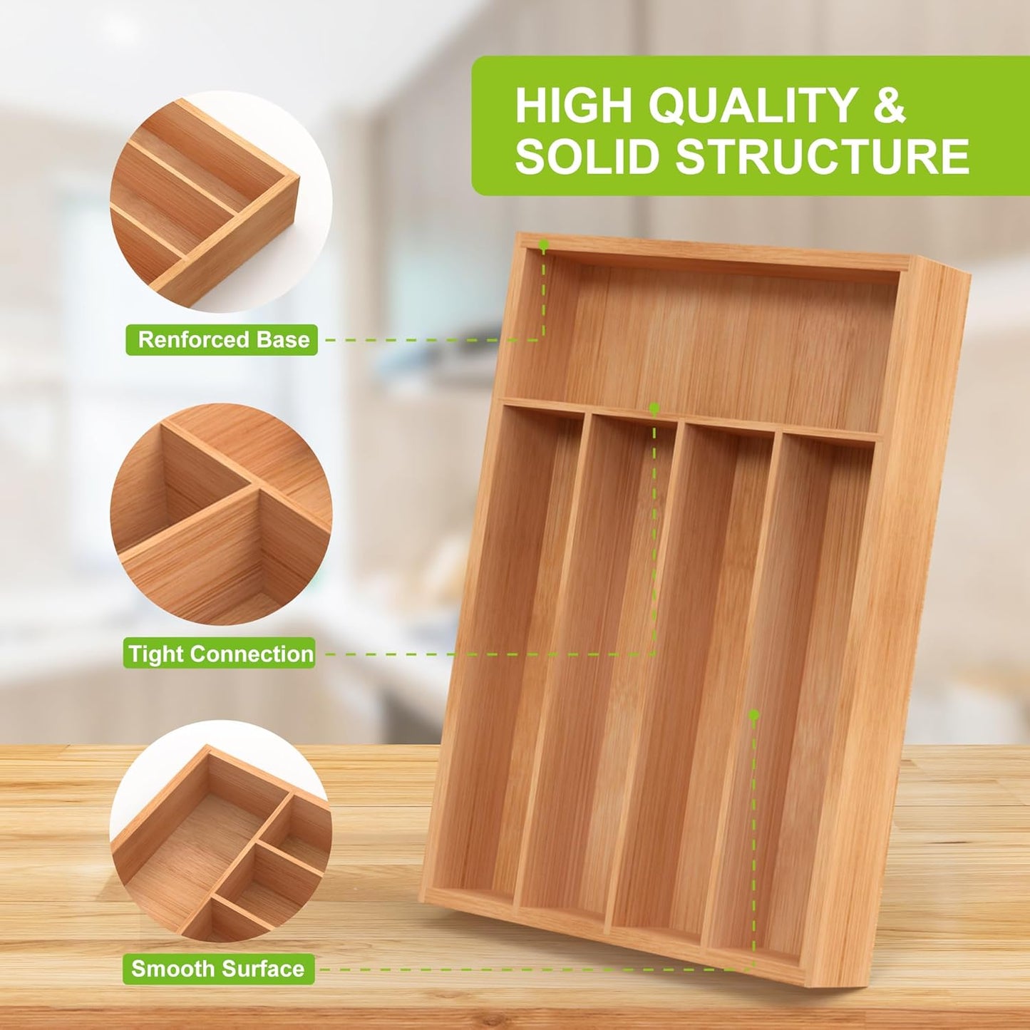 Bamboo Utensil Drawer Organizer, Kitchen Organizer for Flatware Cutlery, Silverware Tray for Drawer (5 Slots, Natural)