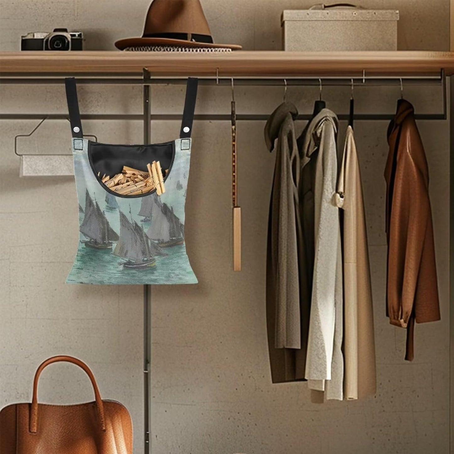 Monet Oil Painting Outdoor Clothespin Bag - Industrial Strength Windproof Storage Organizer - Heavy Duty Polyester Construction with Oversized Capacity Sailboats at Sainte - Adresse