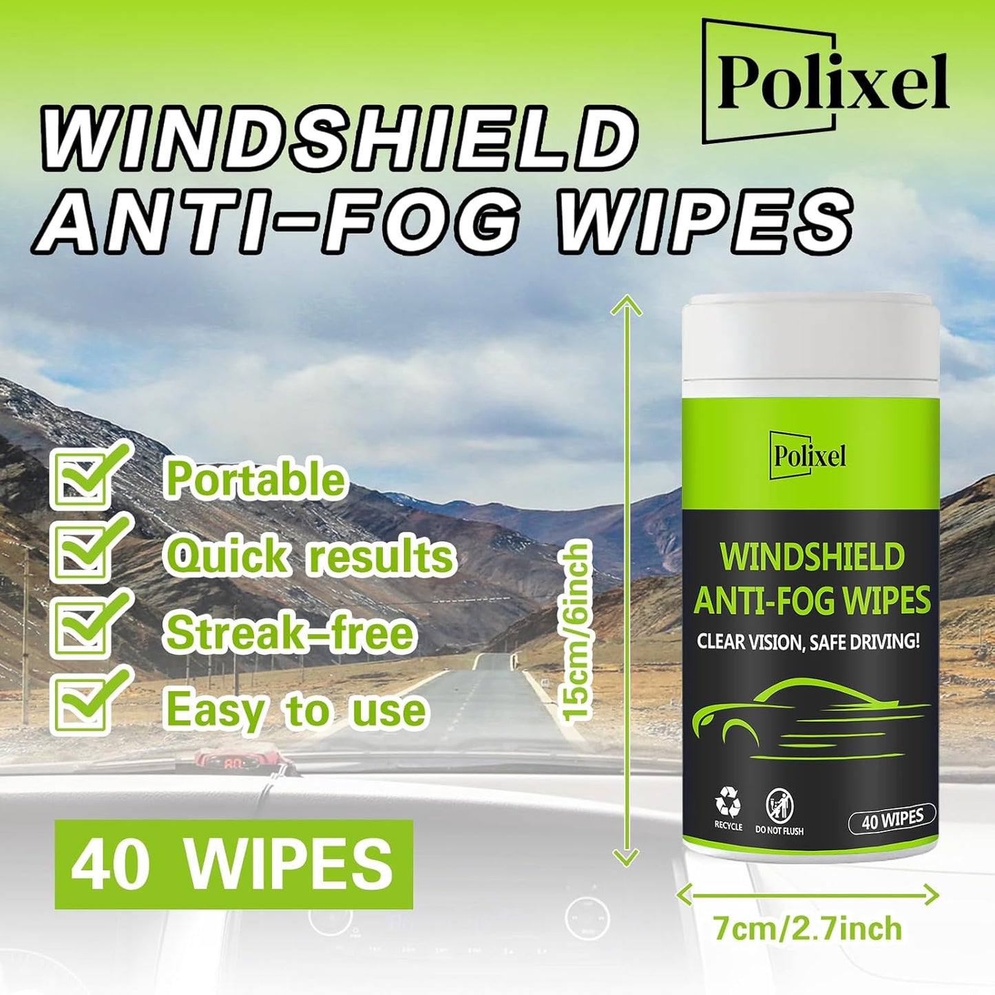 Glass Anti-Fog Wipes - Quick Windshiled Fogging Remover Resealable Bottle Pack Defogger for Windows, Helmets, Mirrors, Goggles -40 Wipes