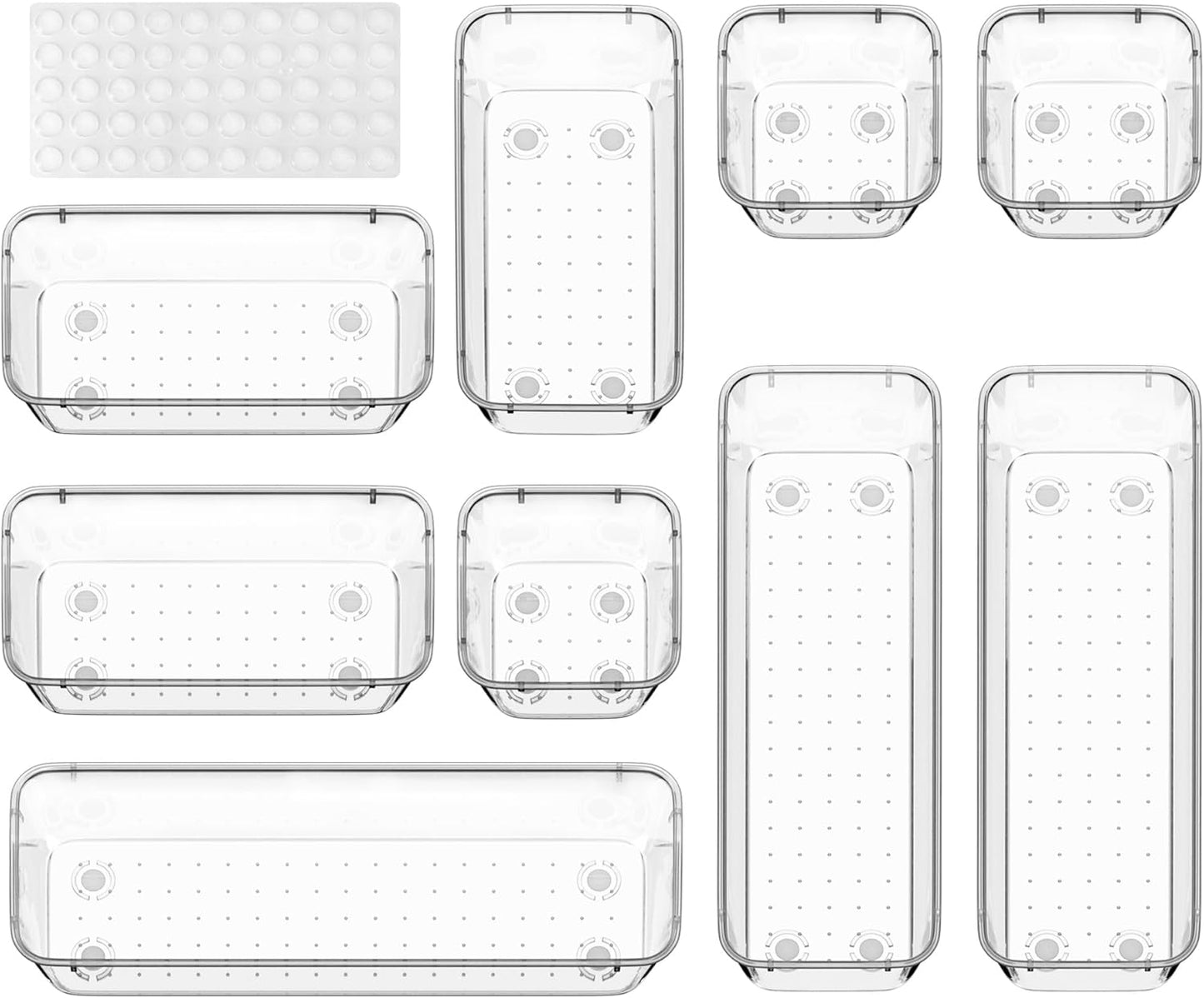 ValueMax 9 PCS Clear Plastic Drawer Organizers Set with Non-Slip Pads, 3 Sizes Desk Drawer Organizer for Vanity, Kitchen, Bathroom and Office