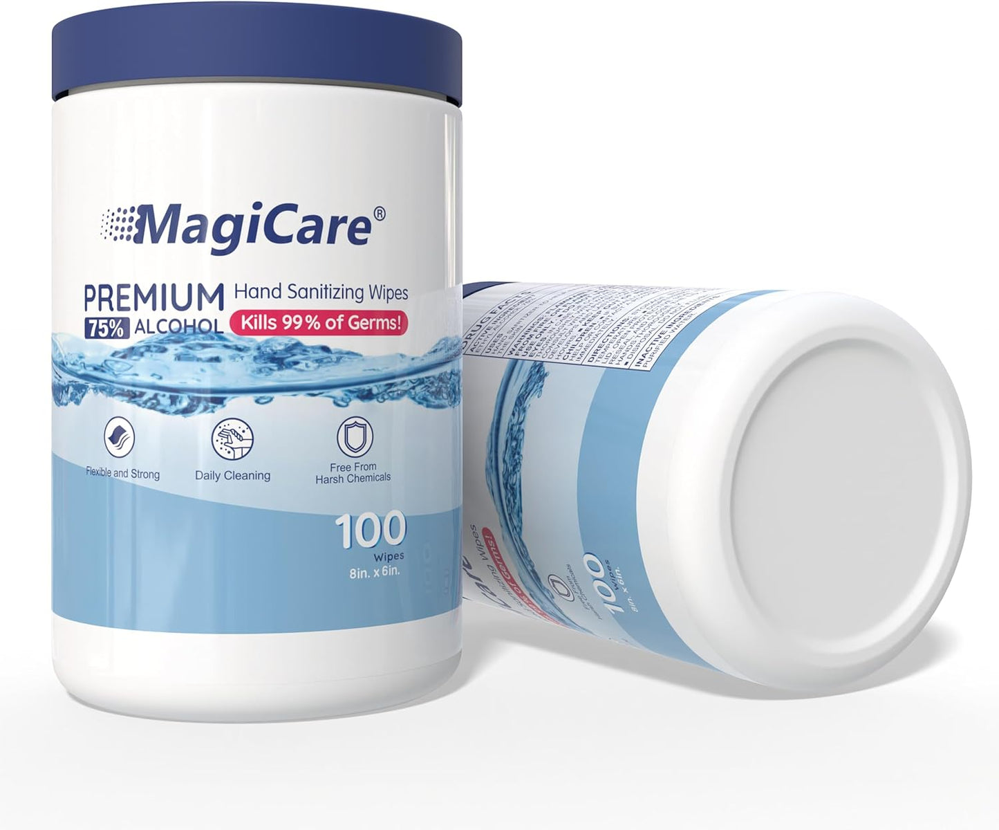 MagiCare 75% Large Alcohol Wipes (2 Canisters) - Hand Sanitizing Wipes - Hand Sanitizer Wipe, Unscented, Premium - Home, Classroom, Camping - 2, 100ct Canisters (200pcs)
