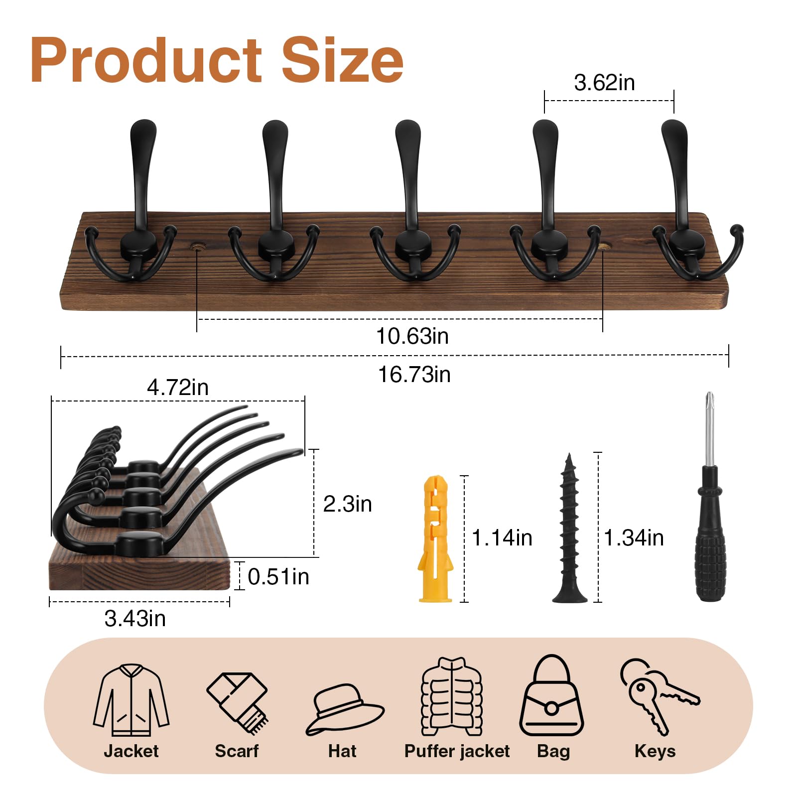 Wooden Coat Rack Wall Mount Heavy Duty, 2 Pack Coat Hanger Wall Mount with 5 Triple Hooks for