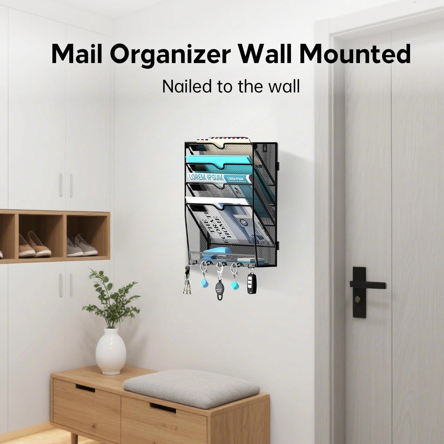JMHUD 5-Tier Wall File Organizer and Mail Organizer with 5 Hooks, Black