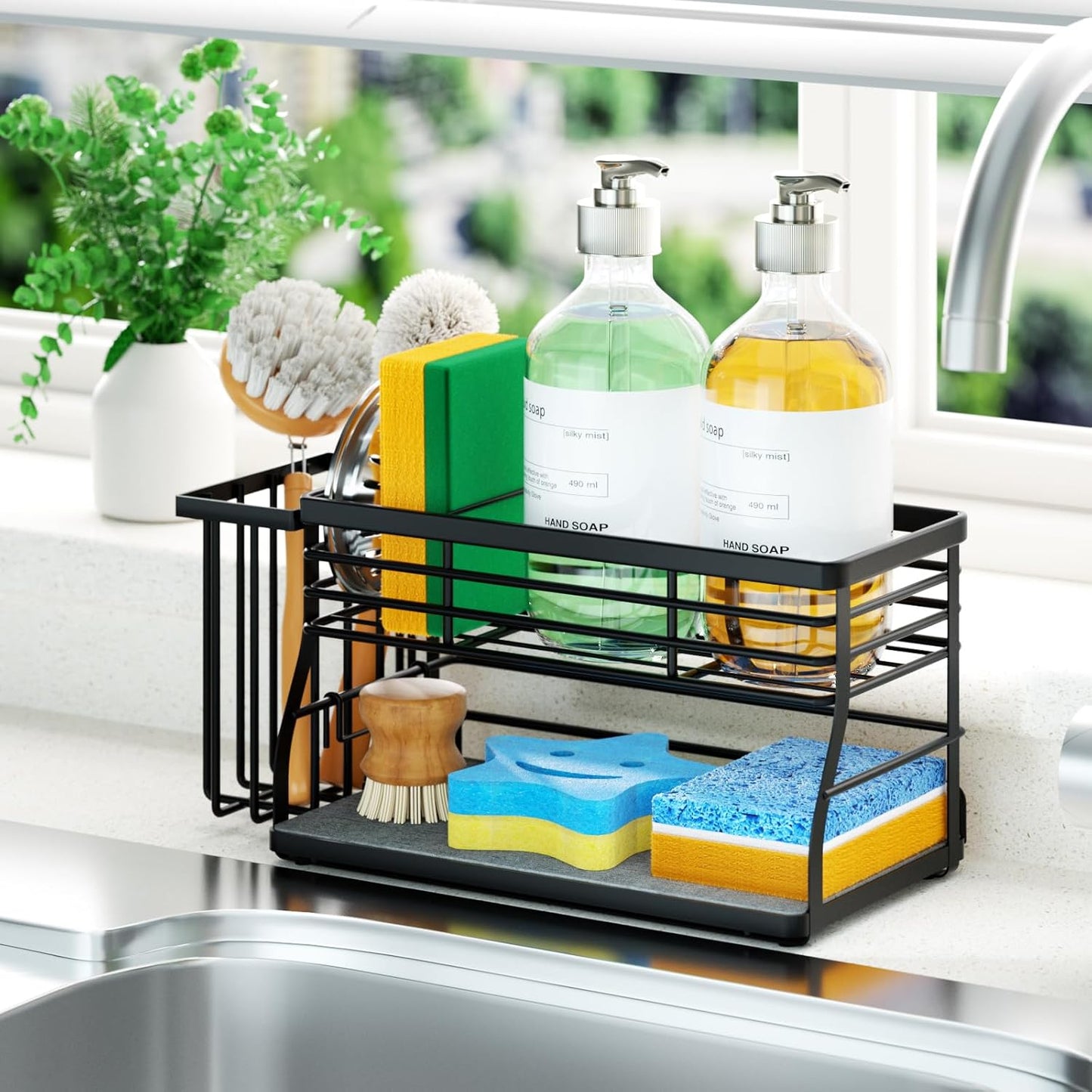 SWTYMIKI Sponge Holder for Kitchen Sink - 2 Tier Rustproof Sink Caddy with Instant Drying Stone, Removable Dish Brush Holder, Stainless Steel Kitchen Caddy for Coutertop Storage Accessories