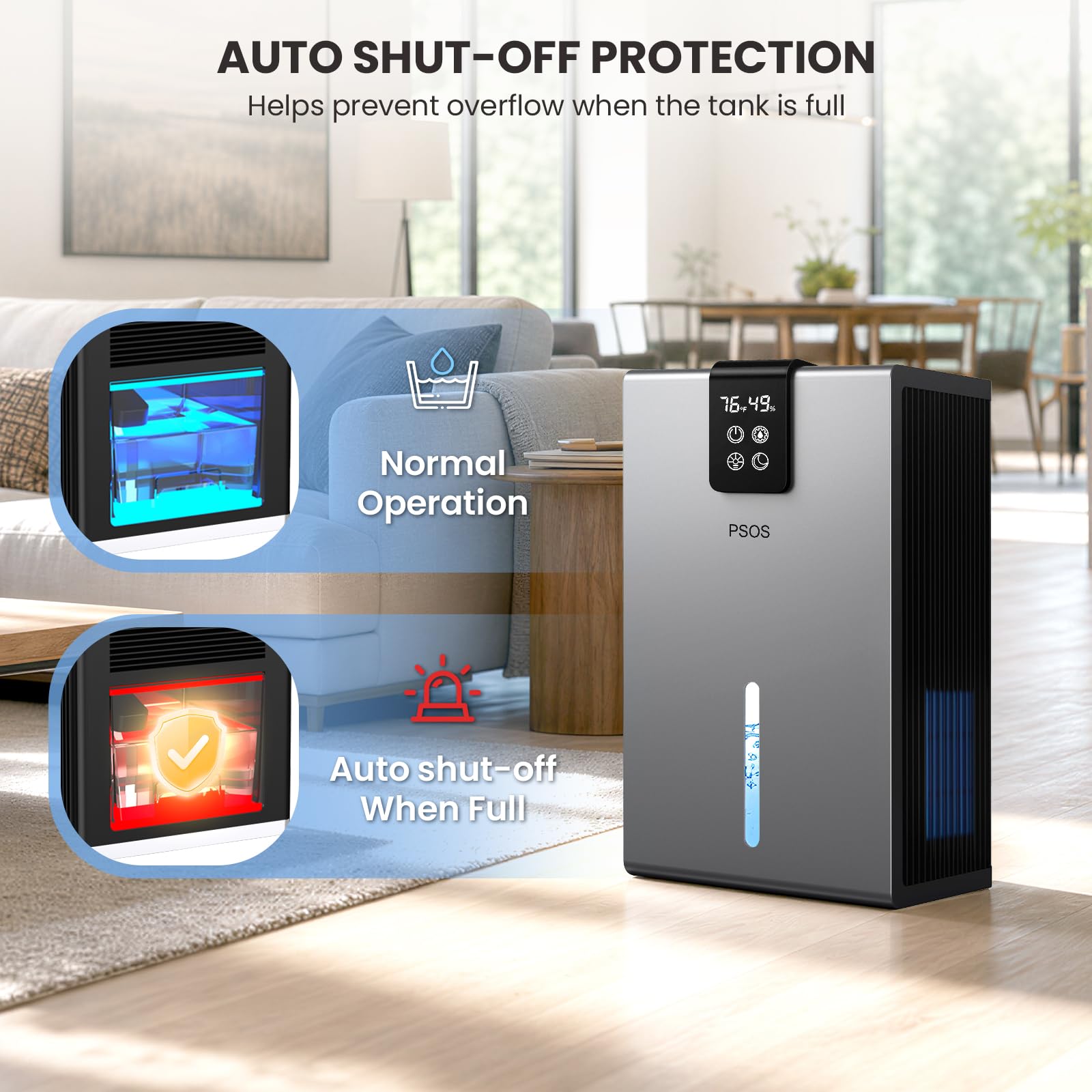 PSOS Dehumidifier, Dehumidifiers for Home, 98 OZ Water Tank, (1000 sq.ft) Quiet Dehumidifier for