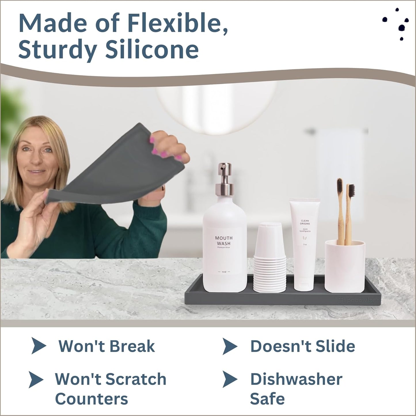 Countertop and Vanity Tray - 11.7" Silicone Bathroom Tray Countertop, Dish Soap Trays for Kitchen Counter, Sink Organizer Caddy Accessories, Toilet Plant Shower Makeup Mat Oil Holder