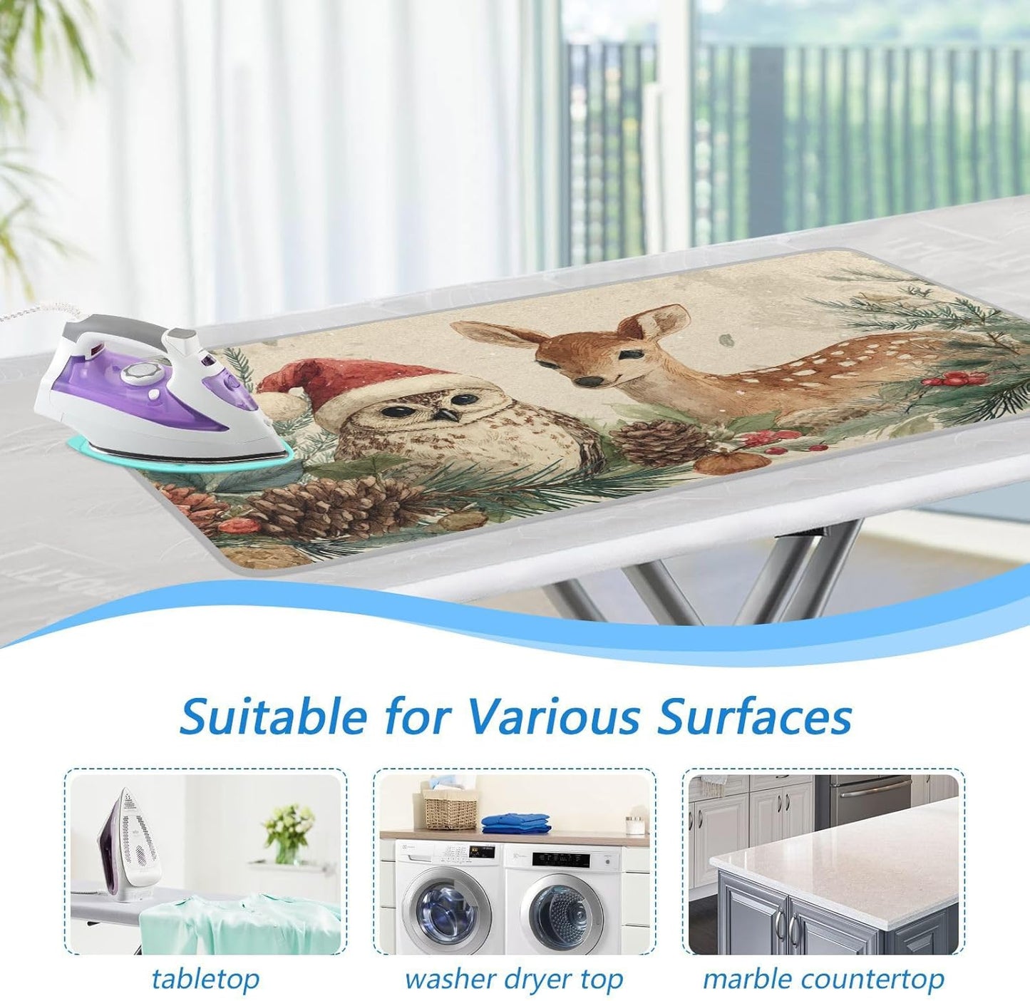 Ironing Mat Portable Ironing Pad Ironing Blanket for Table Top Heat Resistance Double-Side Using Travel Large 47.2 x 27.6 Inch Foldable Lightweight Beige Christmas Deer Owl Pinecone