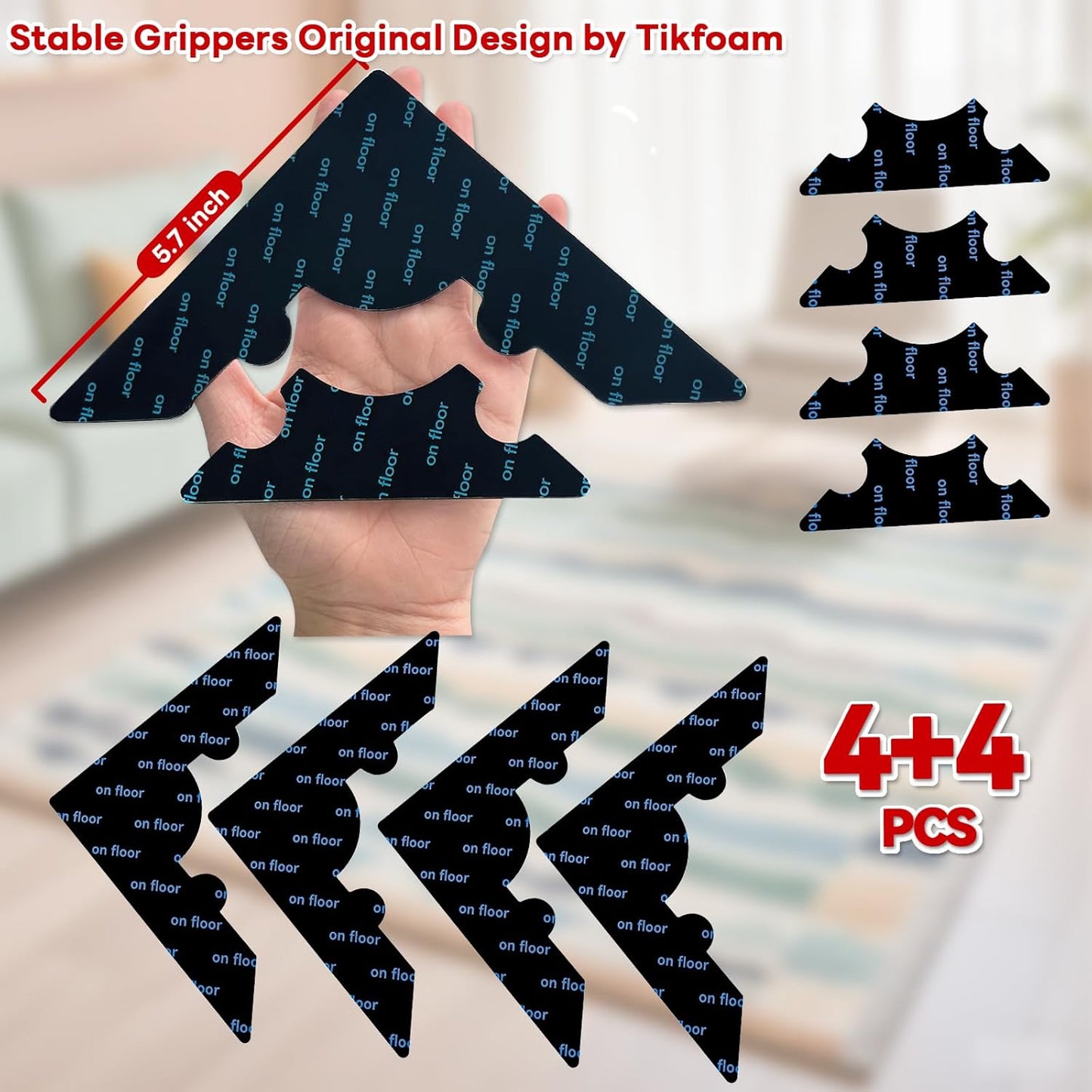 Rug Non Slip Grippers, Reusable Rug Tape Pads for Hardwood Floors and Tiles, Strong Carpet Gripper for Area Rugs, No Damaging for Floor, 8Pcs