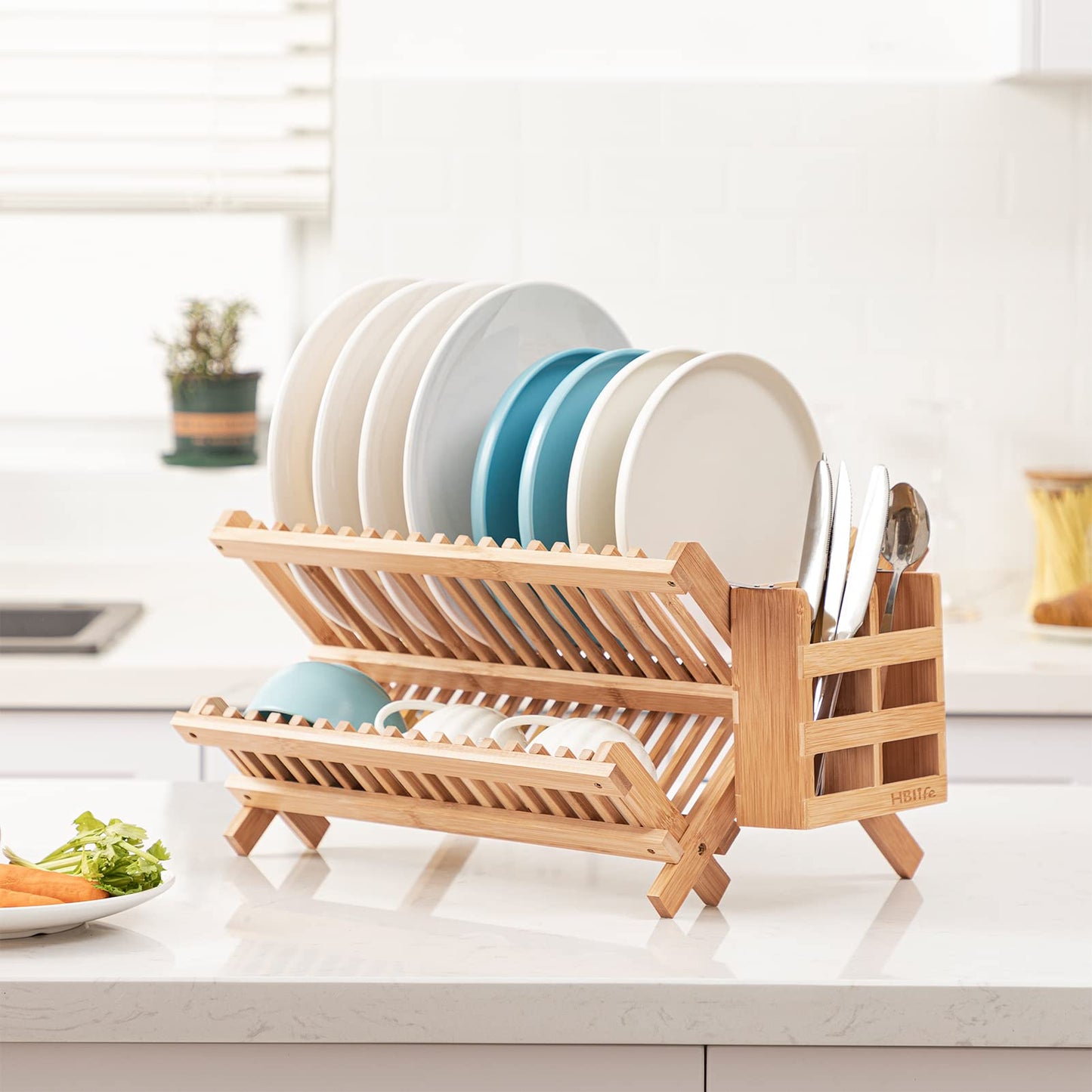 HBlife Dish Rack, Bamboo Folding 2-Tier Collapsible Drainer Dish Drying Rack with Utensils Flatware