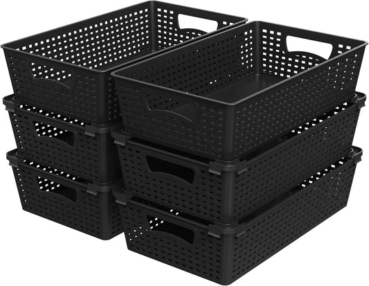 Simple Houseware Stackable Plastic Woven Basket Organizer, 6 Pack, 14.5" x 8.5" x 3.5", Black