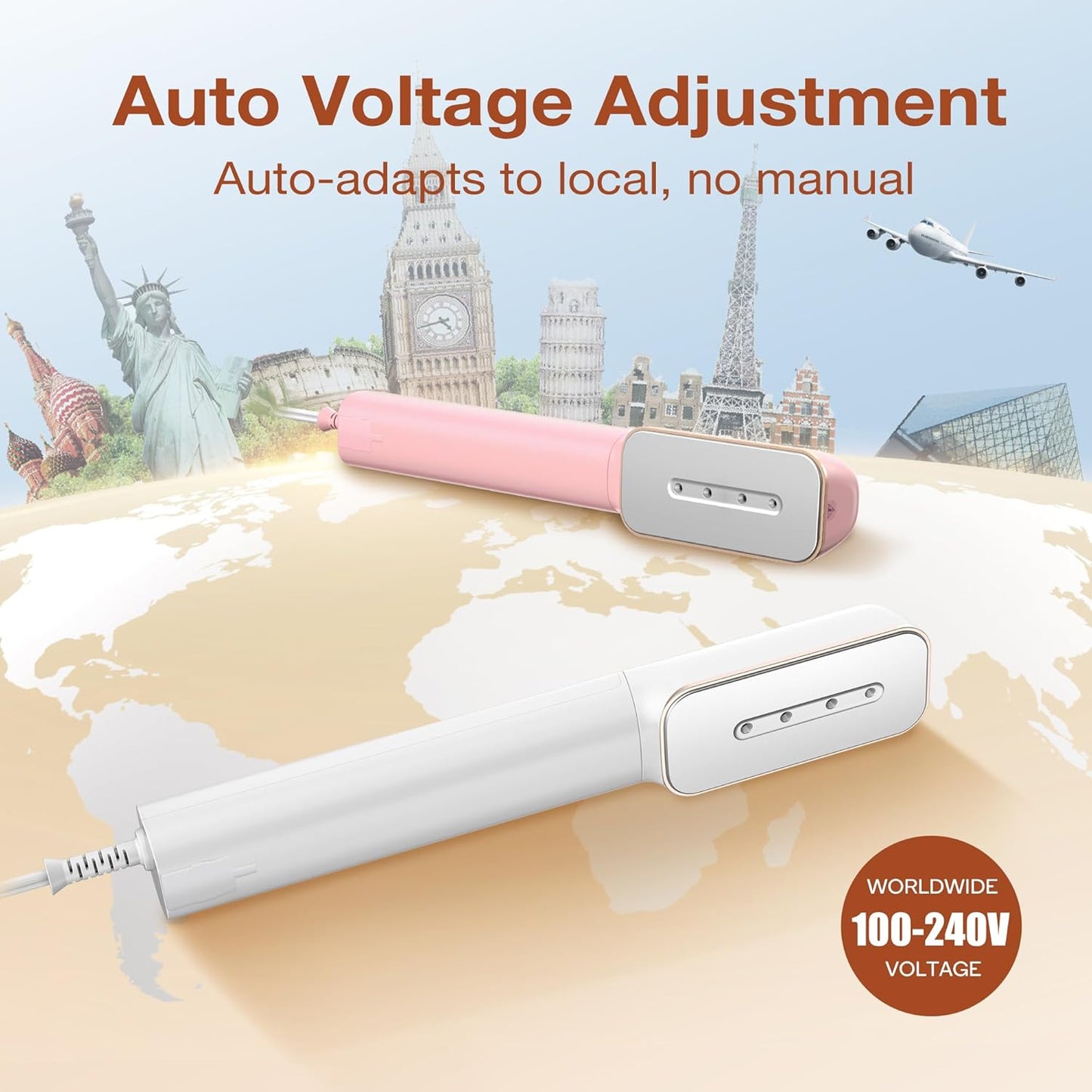 Newbealer 2in1 Travel Iron with Global Voltage, 100-240V Clothes Steamer, Dry Ironing & 2 Steam Levels, Non-Stick Ceramic Soleplate, Fabric Wrinkle Remover, Auto-off, Self Cleaning, No Clamp (Gold)