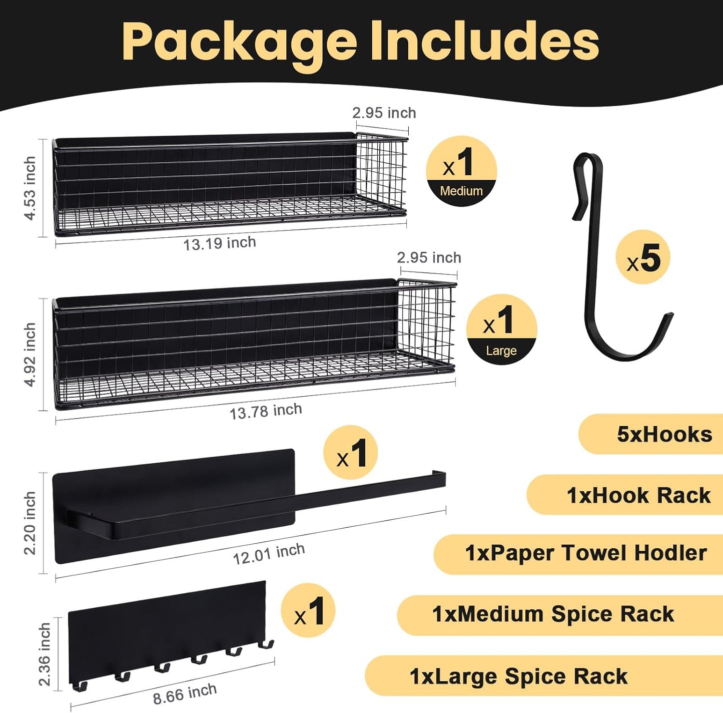 Magnetic Spice Rack for Refrigerator Magnetic Fridge Shelf for Kitchen Spice Organizer Magnetic Shelf, Classic Grid Design, 2*Spice Racks, 1*Hooks Rack, 1*Paper Towel Holder, 5*Removable Hooks