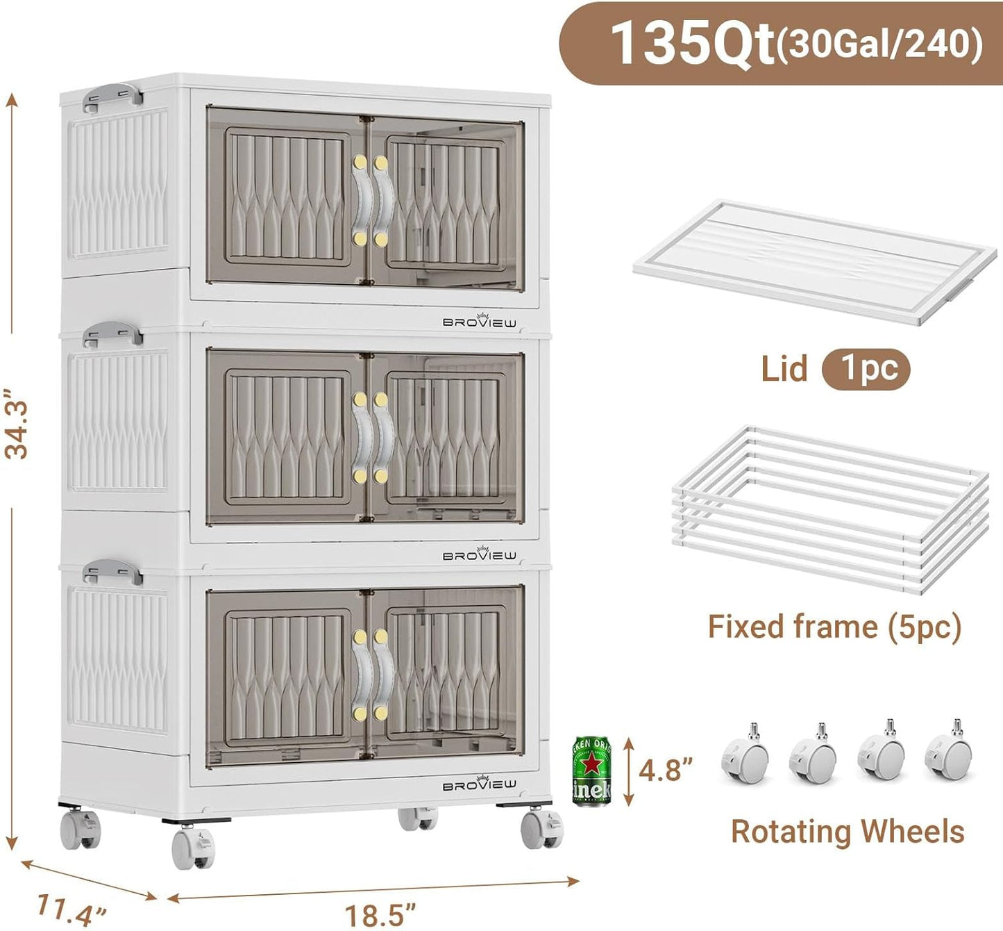 BROVIEW 135Qt Stackable Storage Bins with Lid, Extra Large Closet Organizer Collapsible Drawer Boxes with Wheels, Folding Plastic Cabinet Containers for Home Kitchen Room Organization, 3Pack White