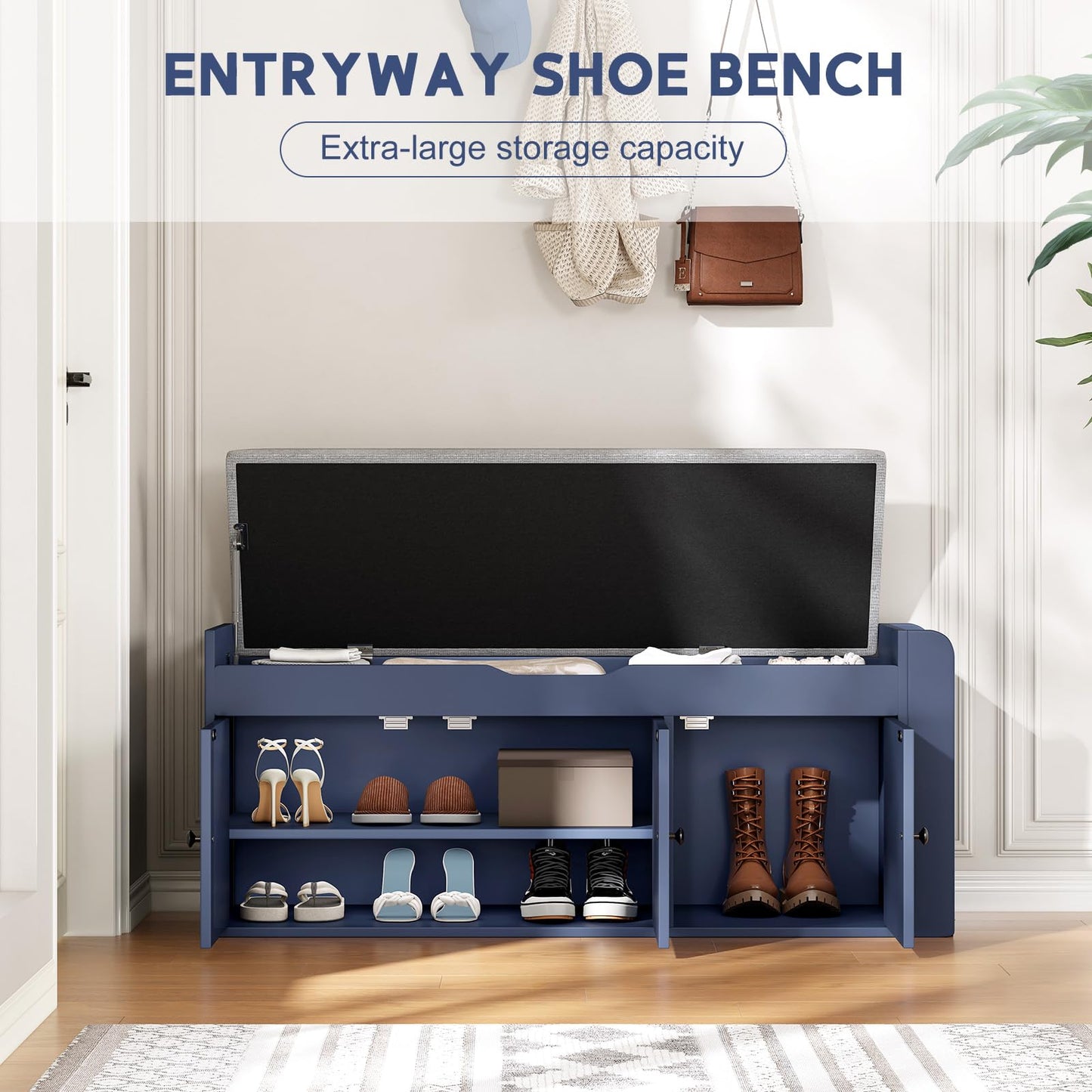 HOTAMO 42.6" Storage Bench - Shoe Storage Bench with Side Storage Shelves and 3 Doors
