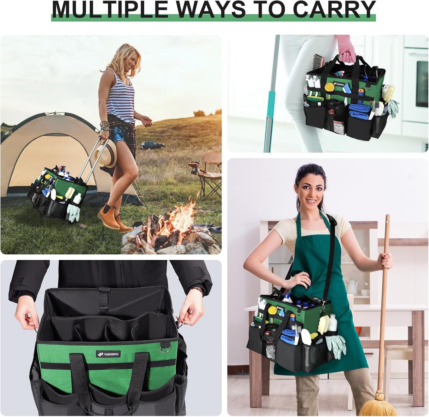 Large Rolling Cleaning Caddy Bag with Wheels, Cleaning Bag with Detachable Trolley, Cleaning Bags on Wheels for Housekeepers, Cleaning Cart Supplies Organizer for Home, Car, Picnic (Green)