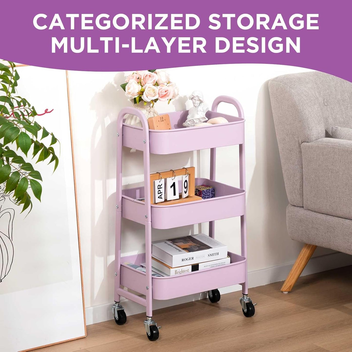 AGTEK Makeup Cart, Movable Rolling Organizer Cart, 3 Tier Metal Utility Cart with Lockable Wheels for Home & Office, Purple