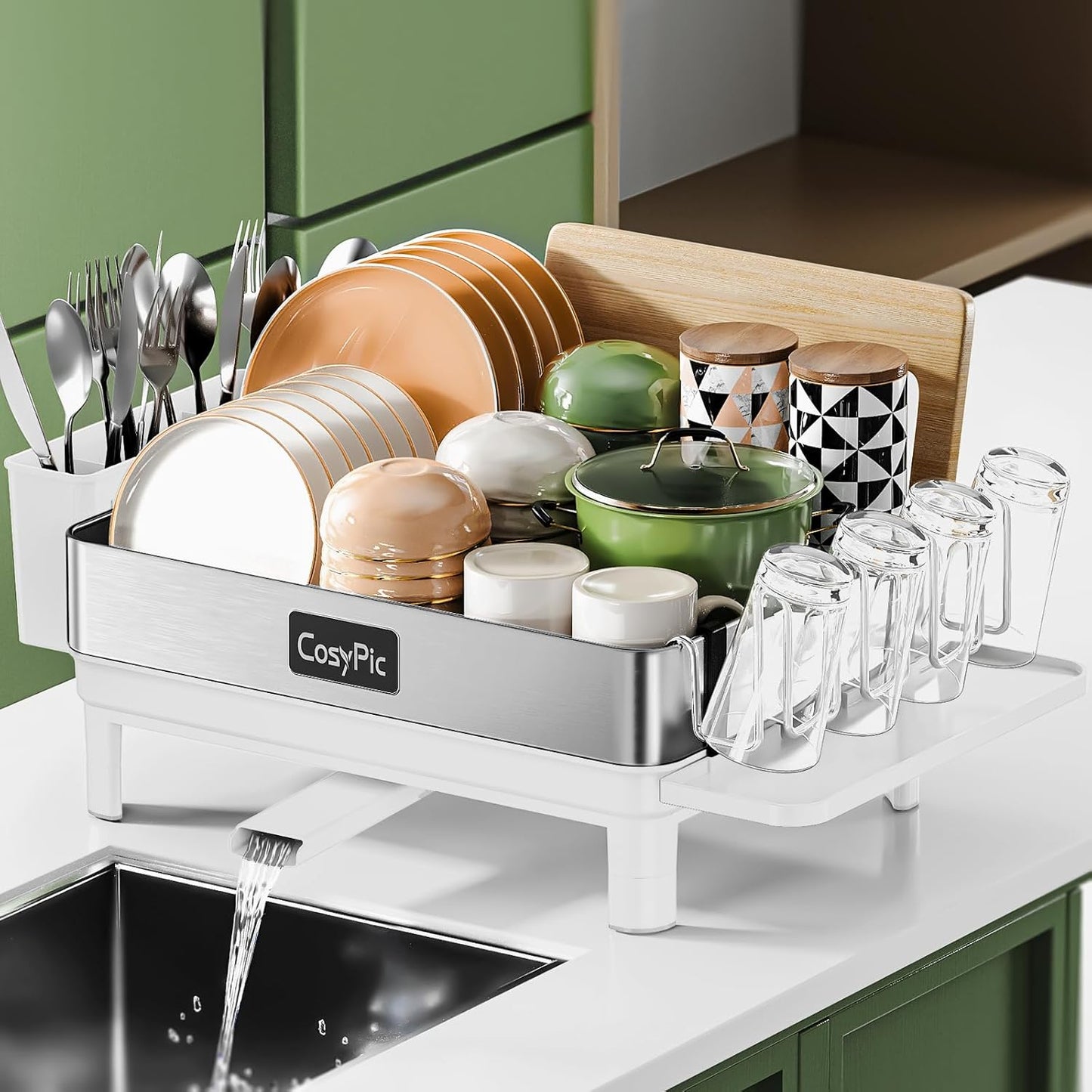 Dish Racks, Thicker Premium 304 Stainless Steel Dish Drying Rack for Kitchen Counter, Automatic Drainage Spout, Dish Drainer & Drainboard Set with Utensil Holder and Cup Holder, White