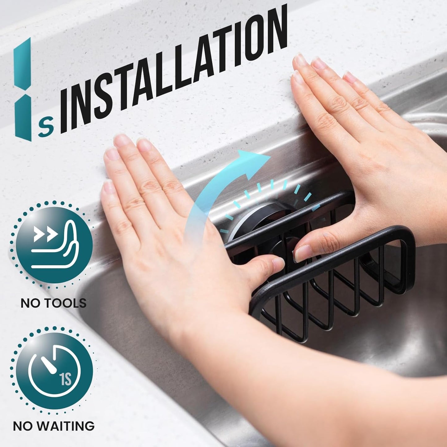 TAILI Sponge Holder for Kitchen Sink with Strong Suction Cup, Rustproof Aluminum Sink Caddy, Removable Sponge Holder, Dish Brush for Scraper - Black