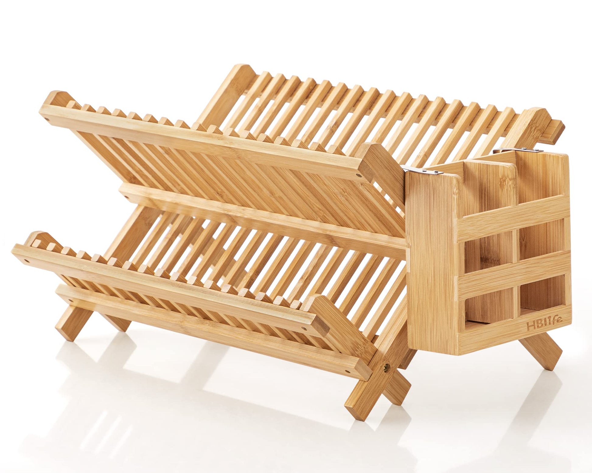 HBlife Dish Rack, Bamboo Folding 2-Tier Collapsible Drainer Dish Drying Rack with Utensils Flatware