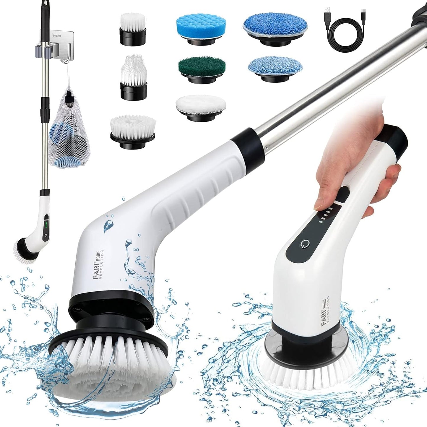 Electric Spin Scrubber, FARI Shower Cleaning Brush with 8 Replaceable Drill Brush Heads, Cordless Power Scrubber with Adjustable Handle Bathroom and Shower Cleaner