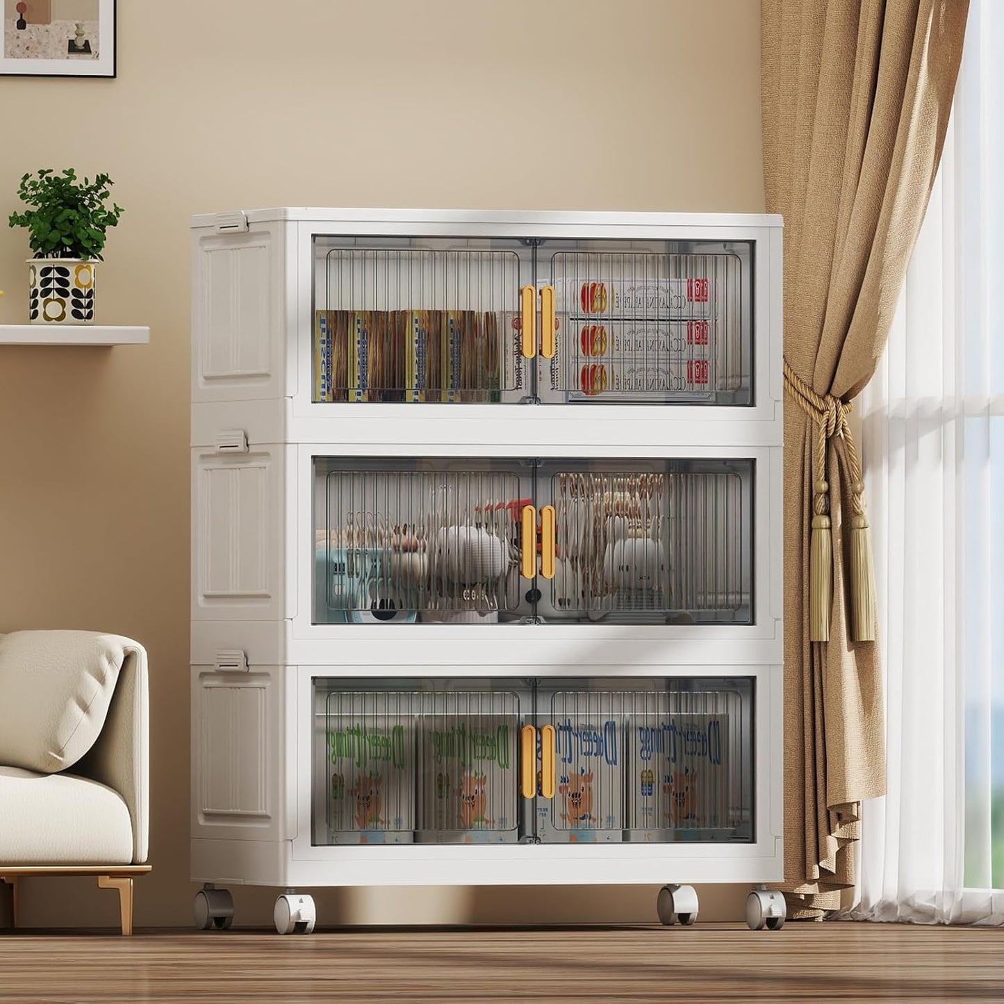 62 Gal Stackable Plastic Storage Bins with Lids 3 Tier, Collapsible Closet Organizers and Storage with Wheels for Living Room,Office,Dorm 26.8" W x 14.4" D x 37" H