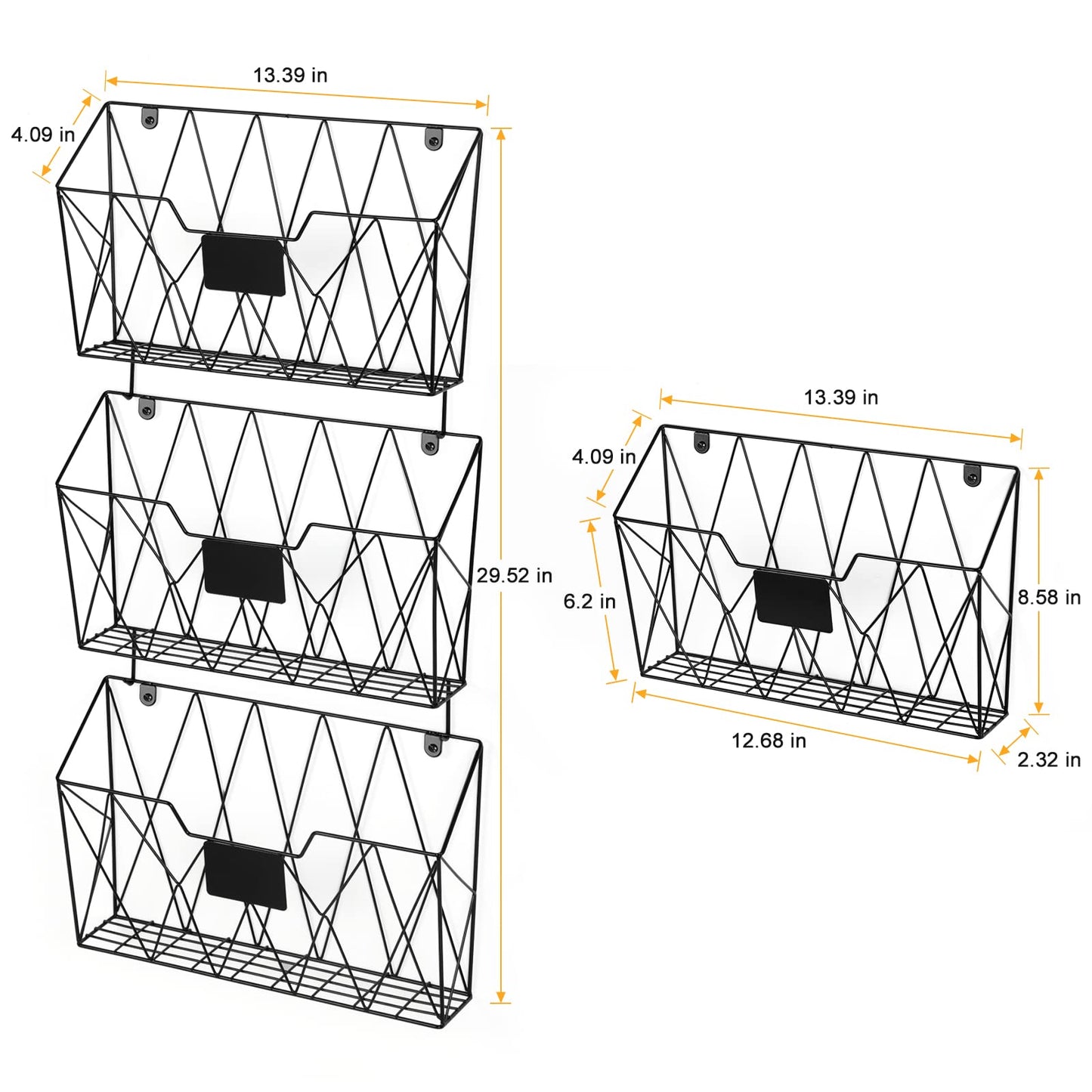 Wall File Organizer, 3 Pack Metal Wall Basket File Holder for Home Office