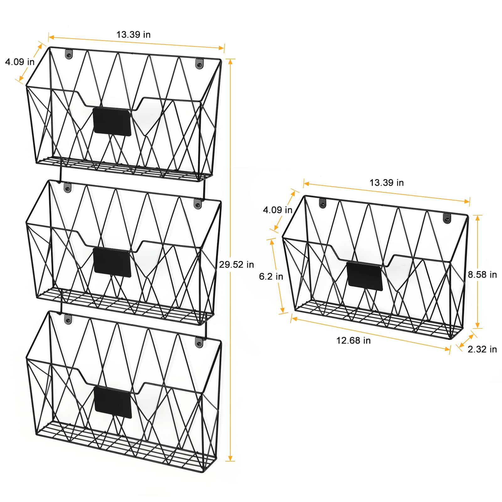 Wall File Organizer, 3 Pack Metal Wall Basket File Holder for Home Office