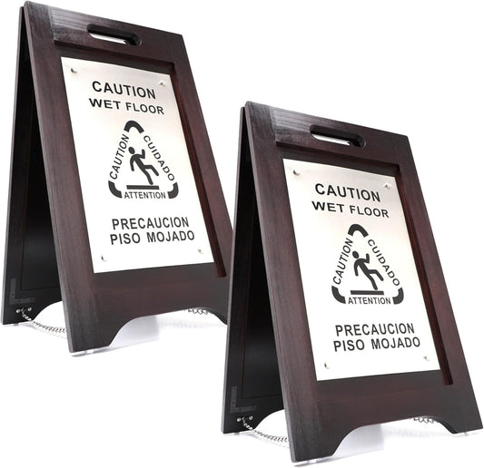 Premium Wooden Caution Wet Floor Sign – Bilingual w/Non-Skid Plastic Feet – For Hotels, Schools, Offices, Areas, Restrooms, Pool Decks - Brushed Nickel Plate - (2 Pack)